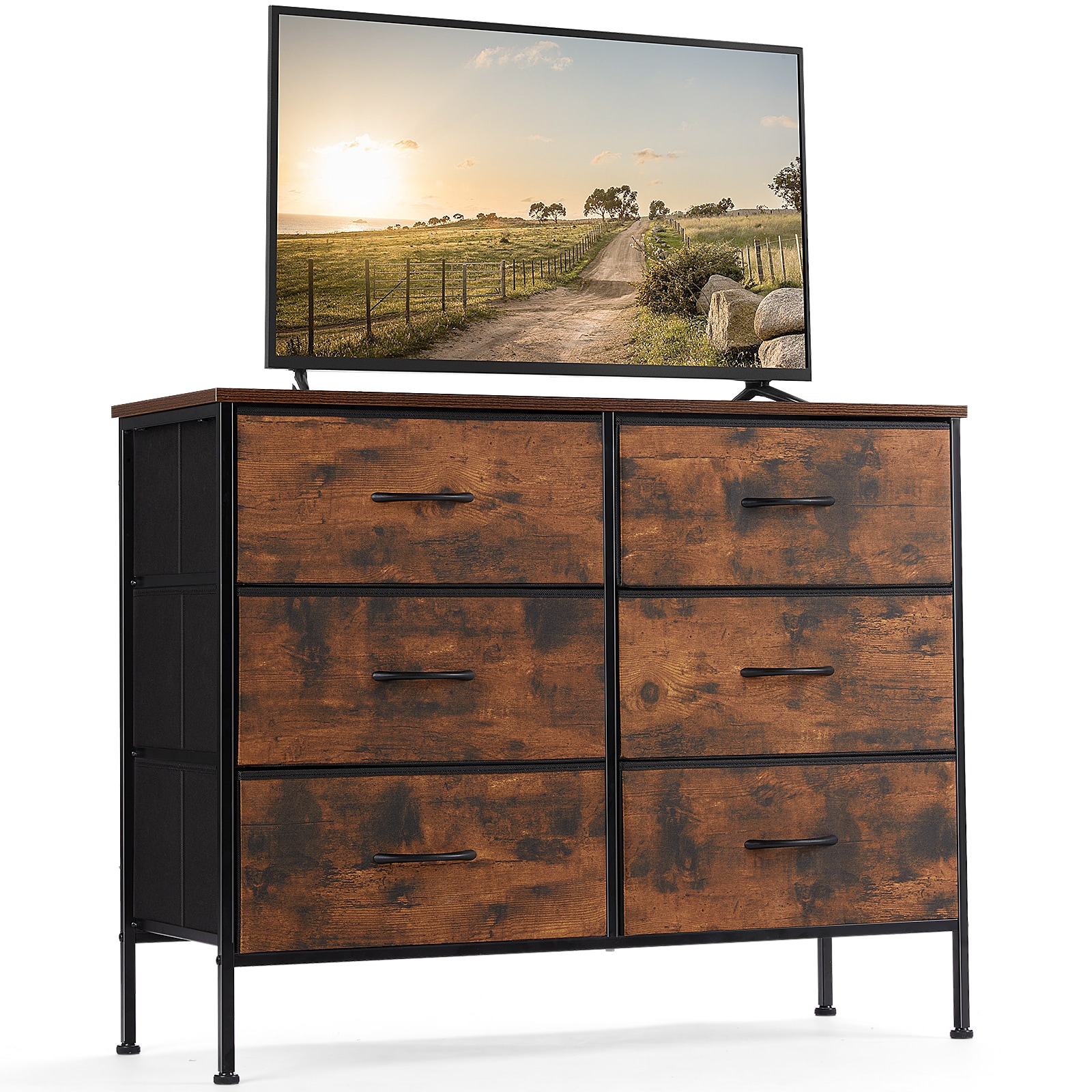 Tatayosi DJ-134597 Brown 6 Drawers Wide Fabric Storage Units Dresser with Metal Frame and Wooden Top for TV Chest of Drawers for Bedroom