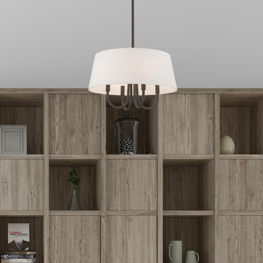 Mini English Bronze Drum Pendant with Oatmeal Fabric Shade