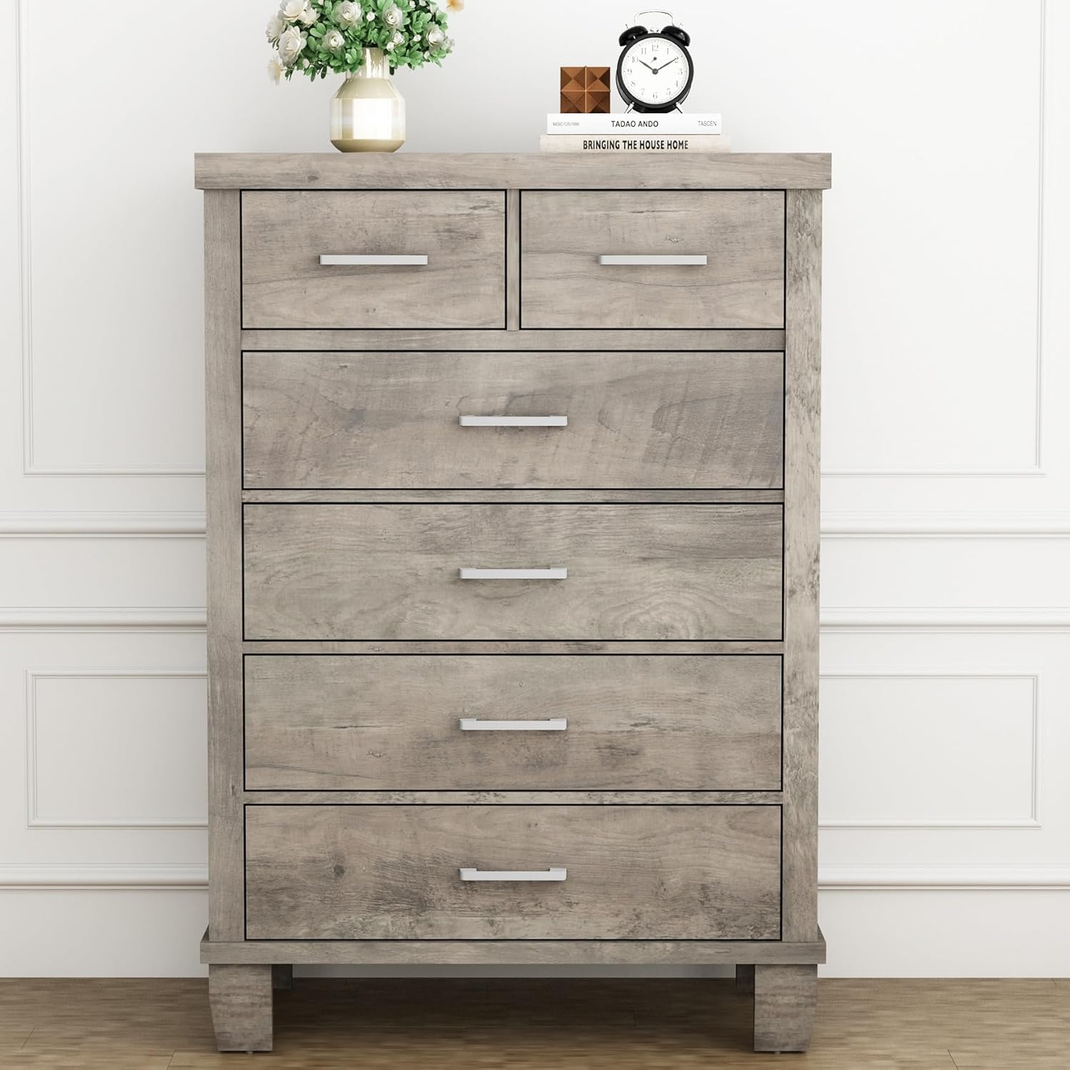 Qeetex DHZ-PHO-0X9GQS27 Dresser for Bedroom with 6 Drawers 45 inch Tall Grey Chests of Drawers with Storage Large Drawer Dresser for Closet Wooden Storage Cabinet for Entryway