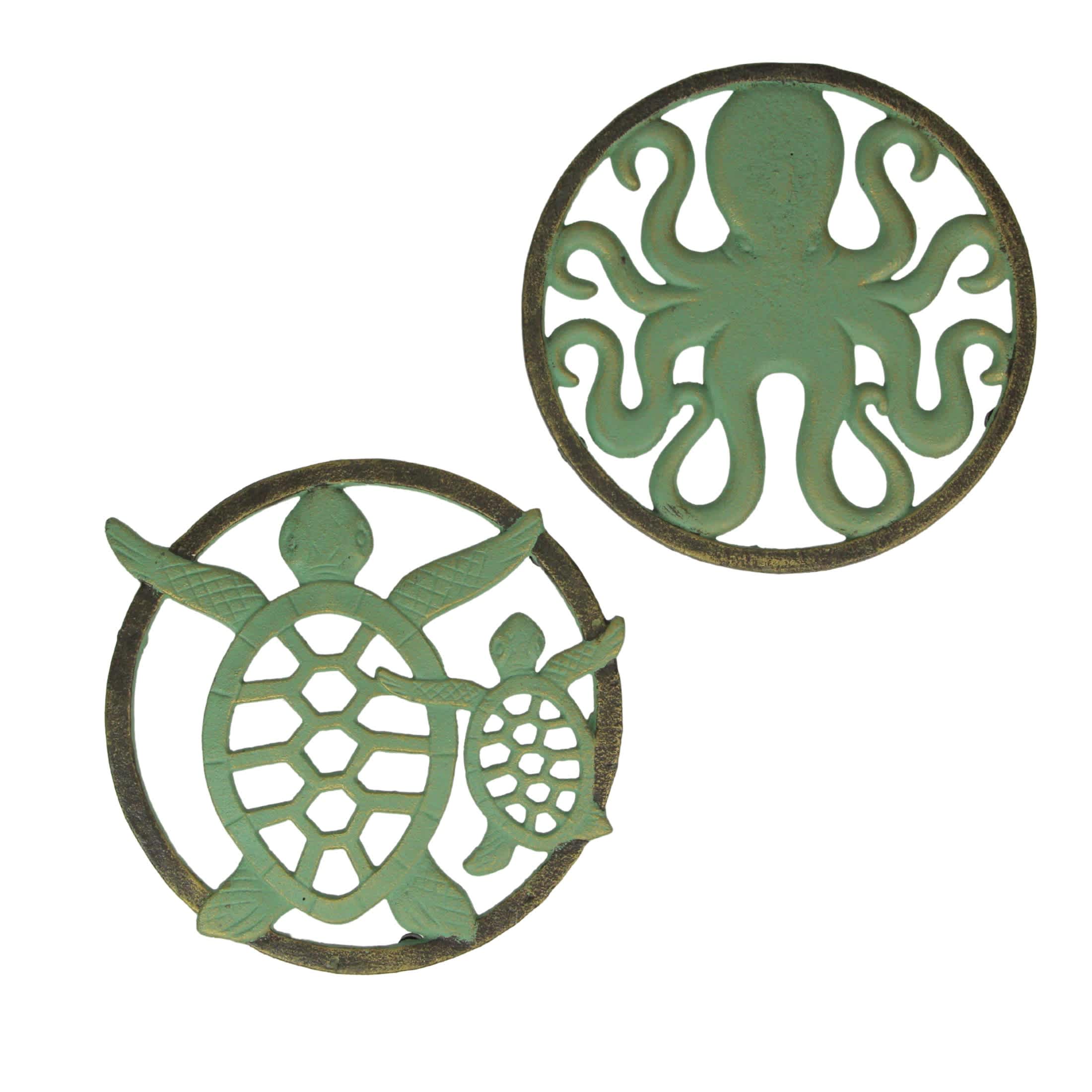 Zeckos Charming Cast Iron Trivet Set: Nautical Octopus and Sea Turtle Design- Verdigris Finish with Bronze Accents- Durable Heat-Resistant Kitchen Decor #ZKO-99506-7-SET