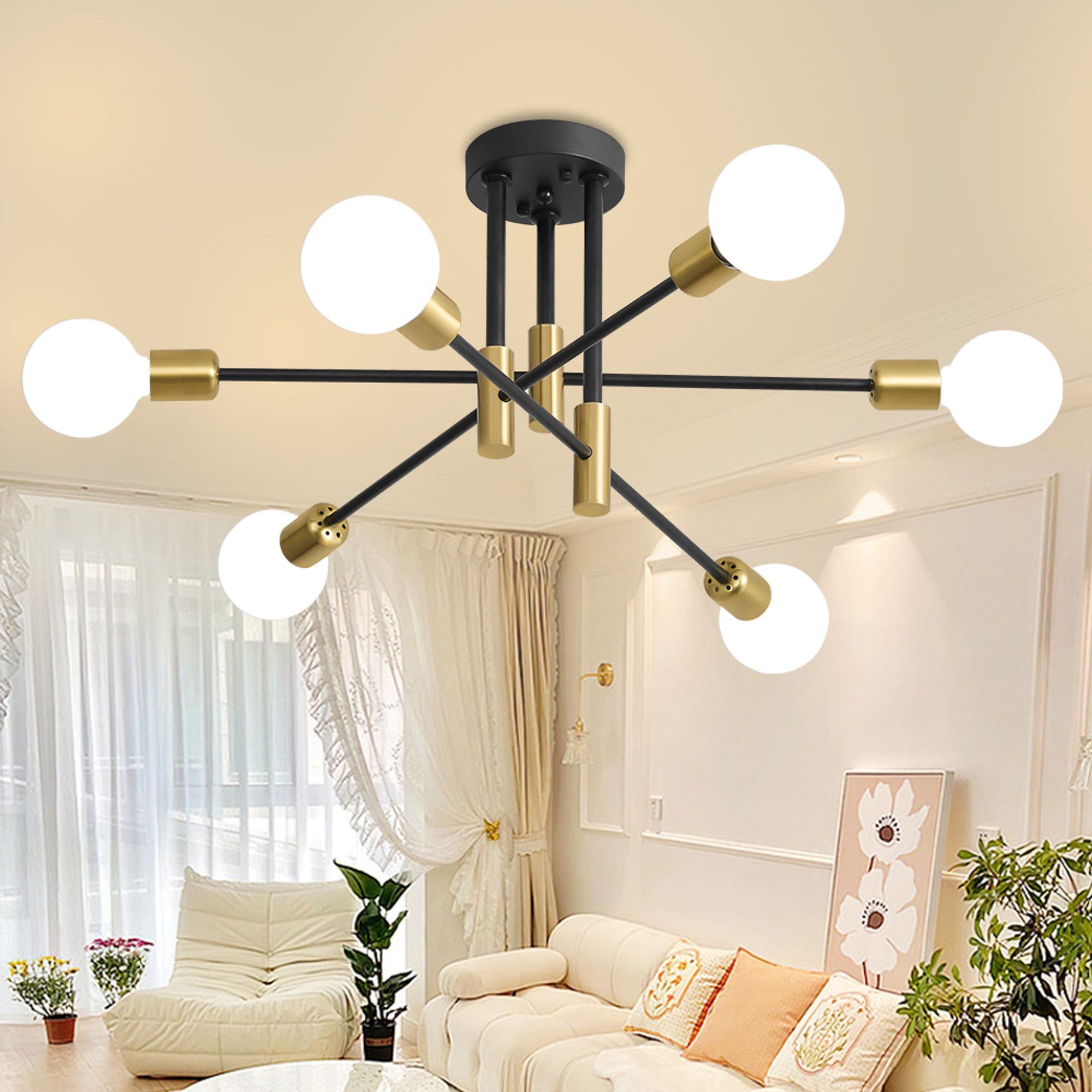 Lanmate  6 -Light Black Gold Modern Sputnik Metal Chandelier Branch Ceiling Fixture For Living Room Kitchen Bedroom Dining Room