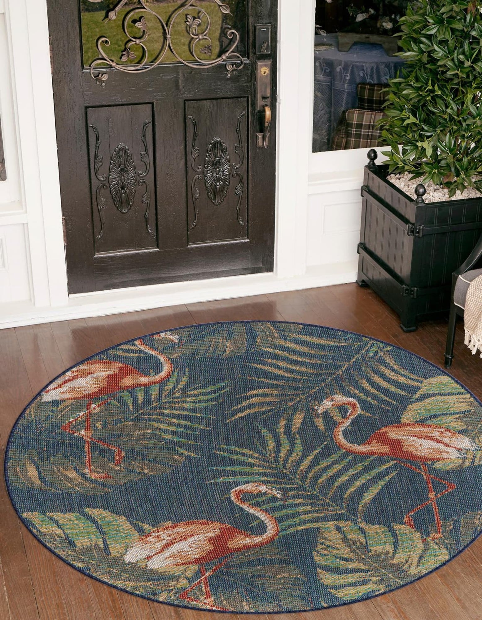 Unique Loom 3176848 Tijuana Baja Outdoor 8 x 8 (ft) Loomed Polypropylene Navy Blue Round Indoor/Outdoor Floral/Botanical Coastal Area rug