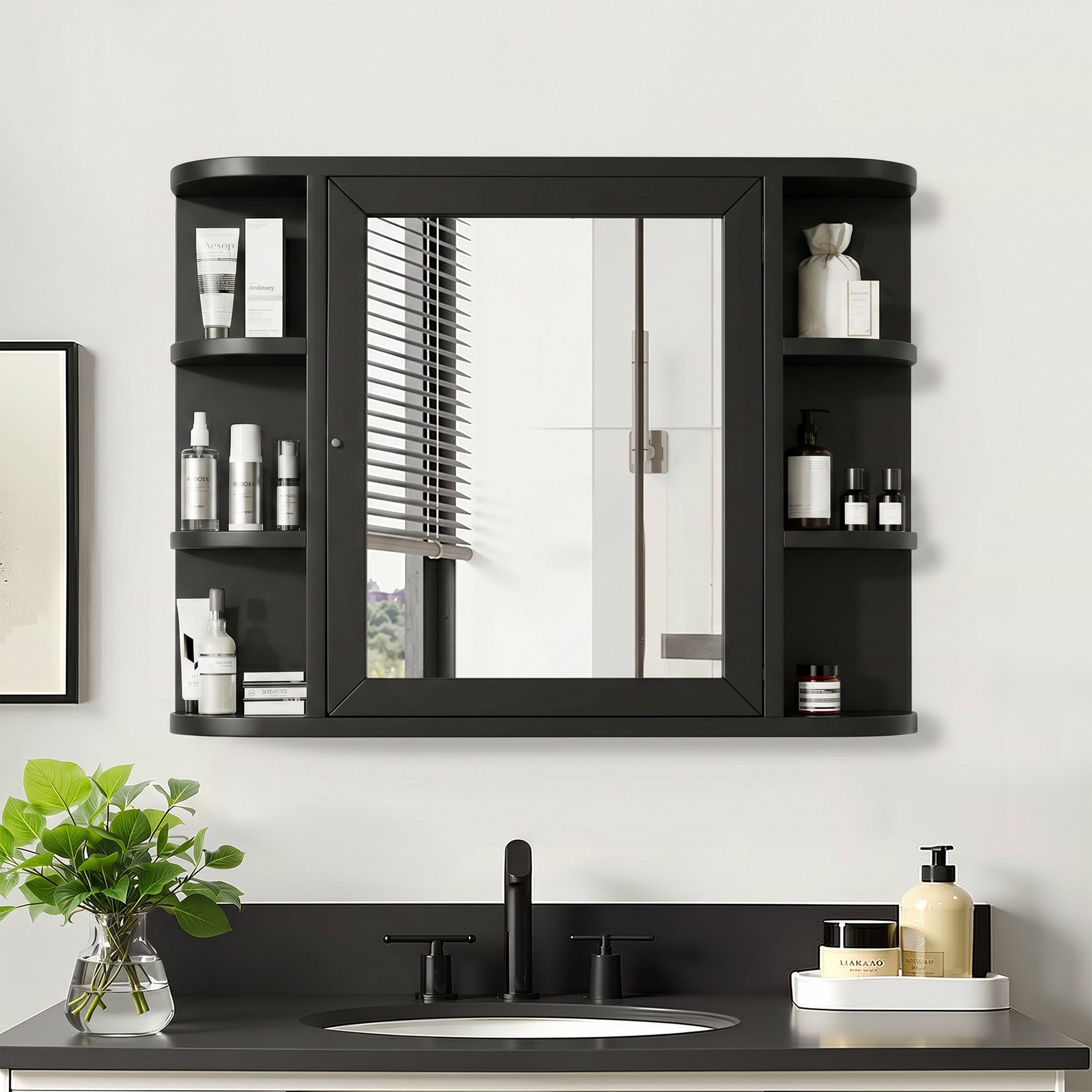 PexFix 24-in W x 31-in H Black Wood Framed Medicine Cabinet Bathroom Mirror Cabinet Wall Mounted Storage Vanity