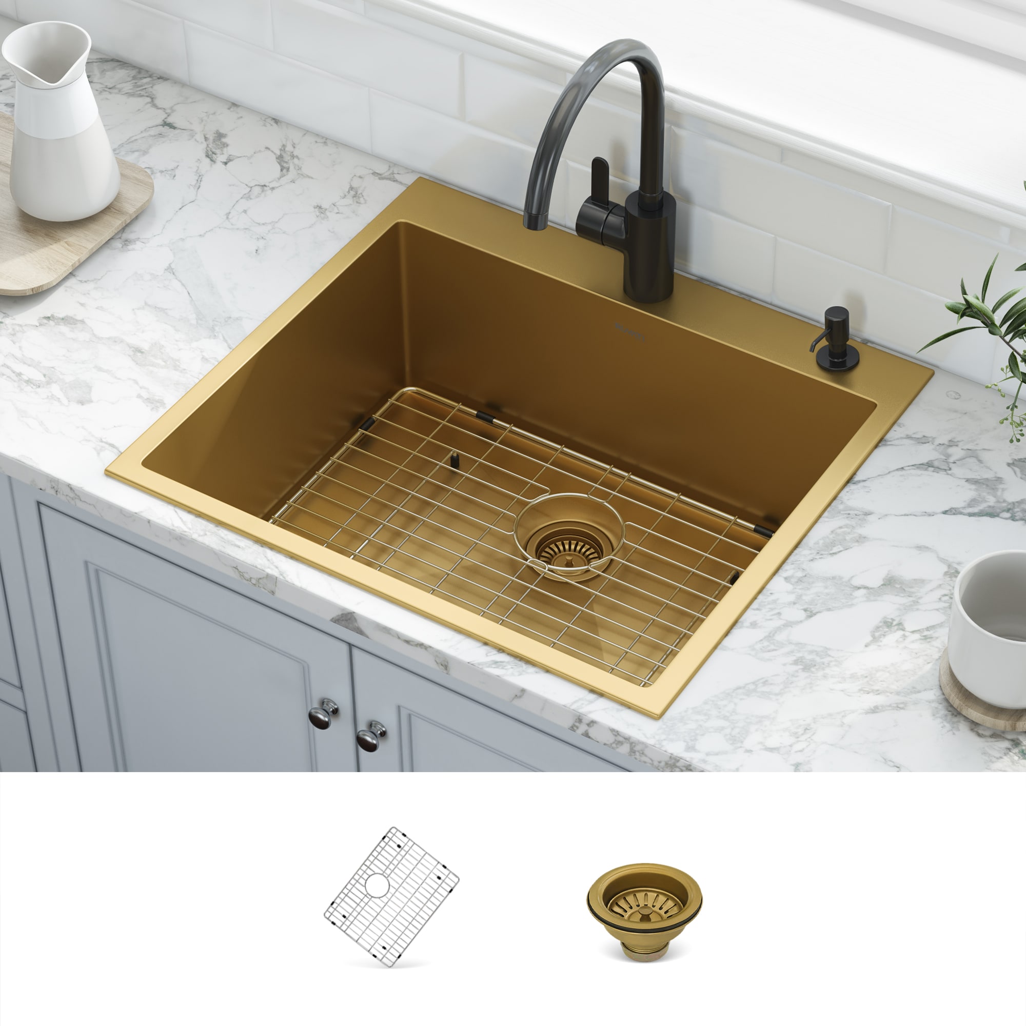 Ruvati RVH5007GG Terraza Drop-in 25-Inches x 22-Inches Stainless steel Single bowl 2-Hole 16 -Gauge Workstation Kitchen Sink