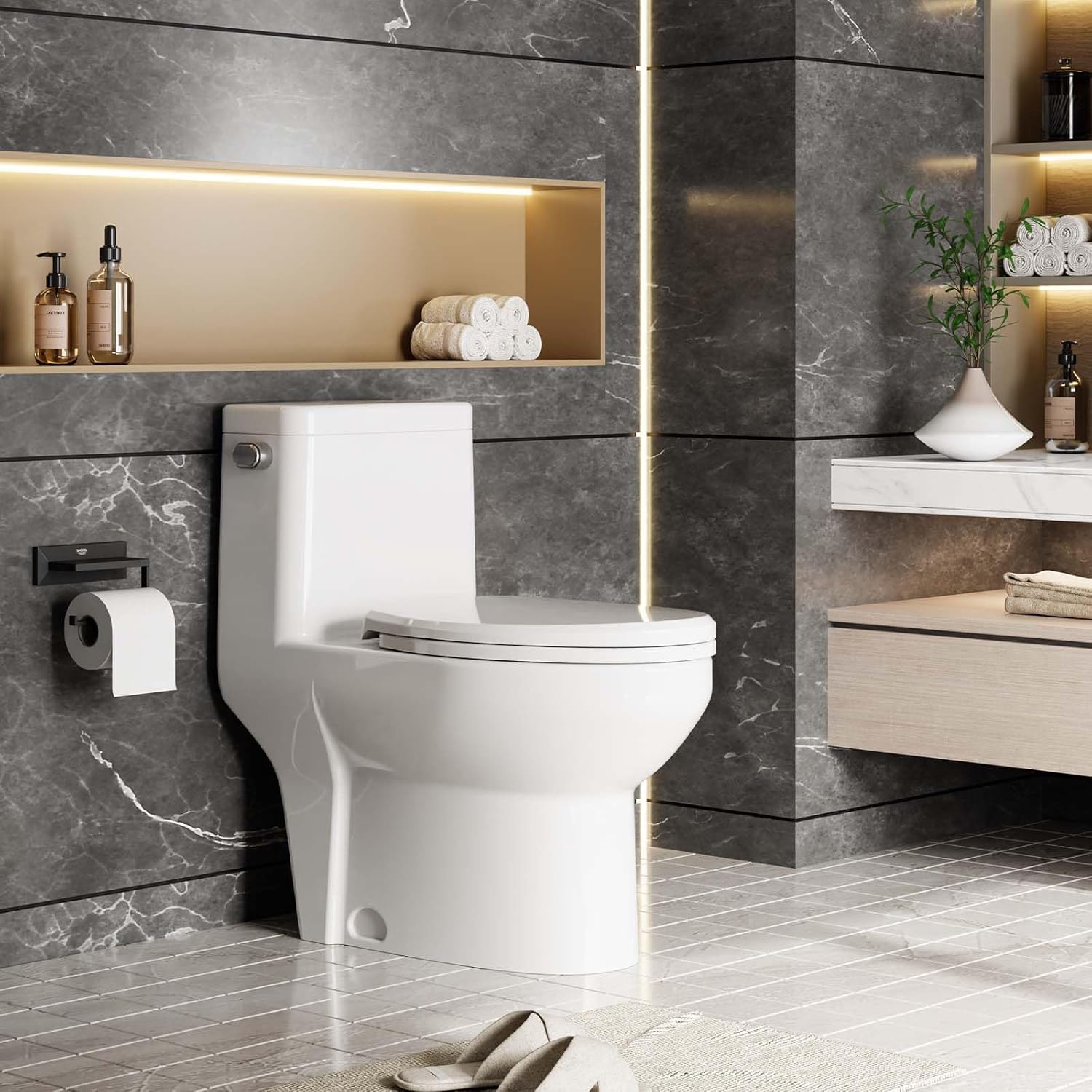 WhizMax PHO33FBMHQE Elongated One-Piece Toilet 1.28GPF Side-Mounted Flush with Soft-Close PP Seat cUPC Certified Ceramic PP Combo Compact Design Easy Cleaning White Modern Bathroom Toilet