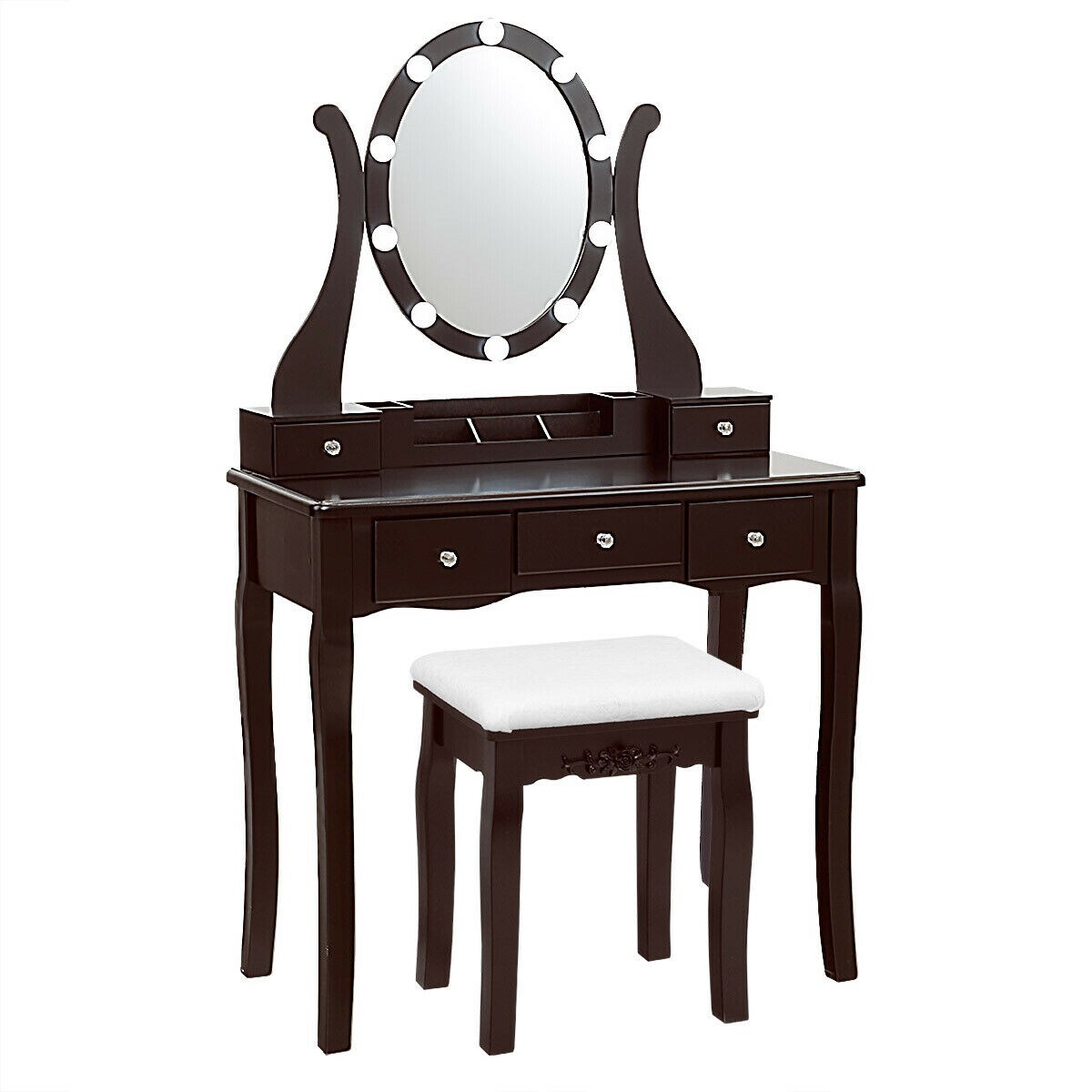 Slickblue D-CO-FC-SU84066WH 31.5 in Makeup Vanity with 10 LED Lights and 5 Drawers for Bedroom or Dressing Room – Brown/Black/White