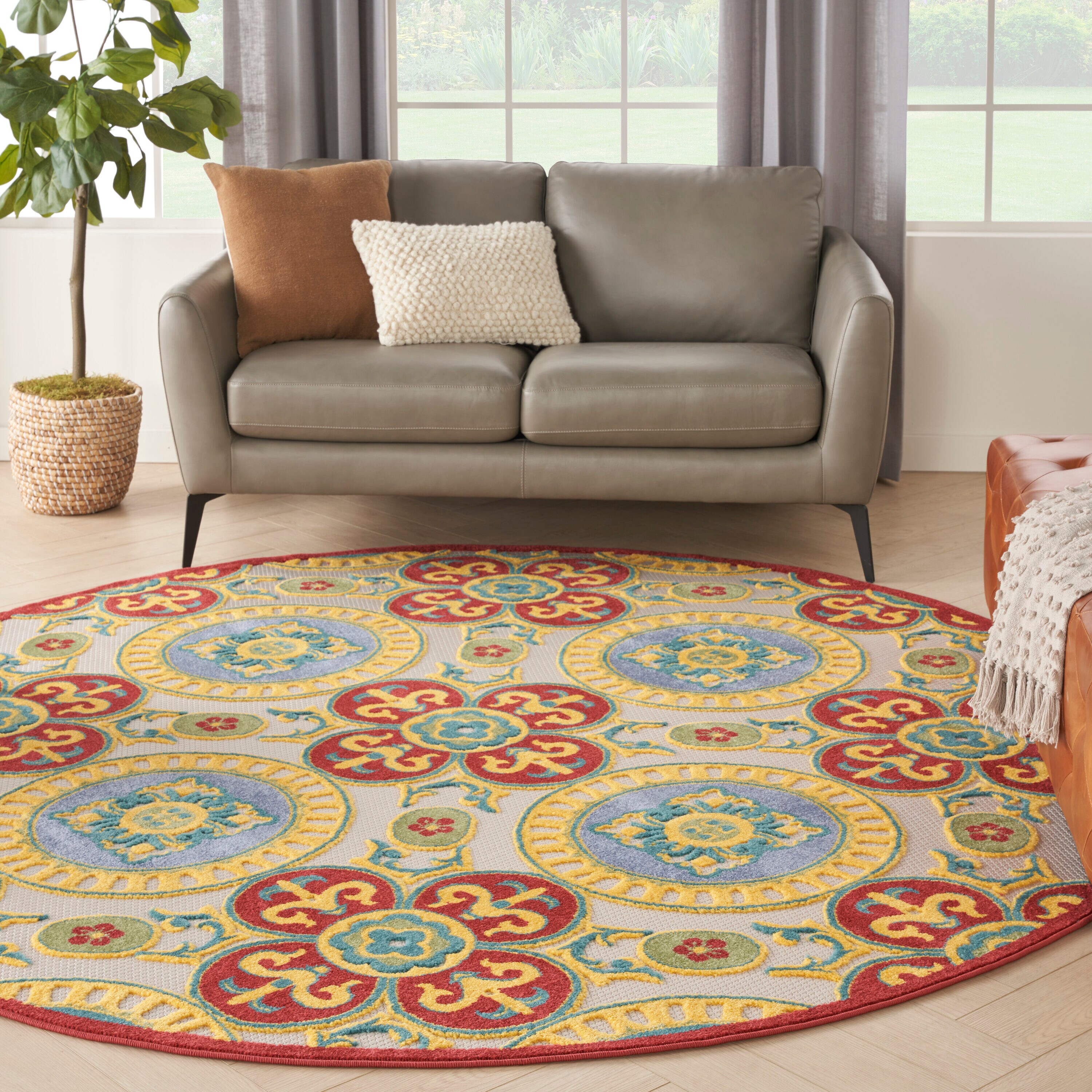 Nourison 099446168702 Aloha 8 x 8 (ft) Loomed Polypropylene Red/Multi Round Indoor/Outdoor Medallion Tropical Area rug