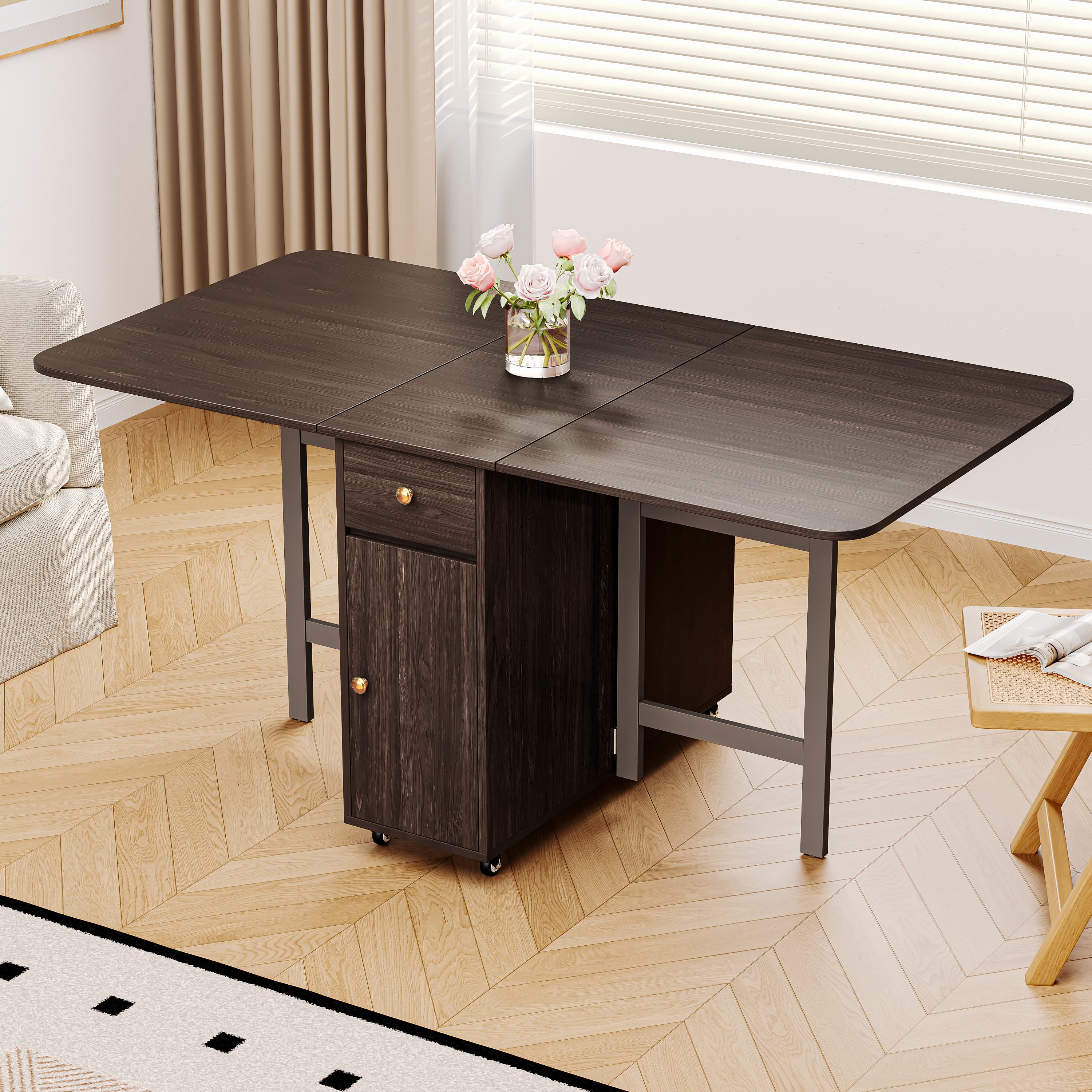 ATJafurn - Walnut Finish Folding Dining Table for 2-6 People with 4 Wheels - Space Saving Movable...