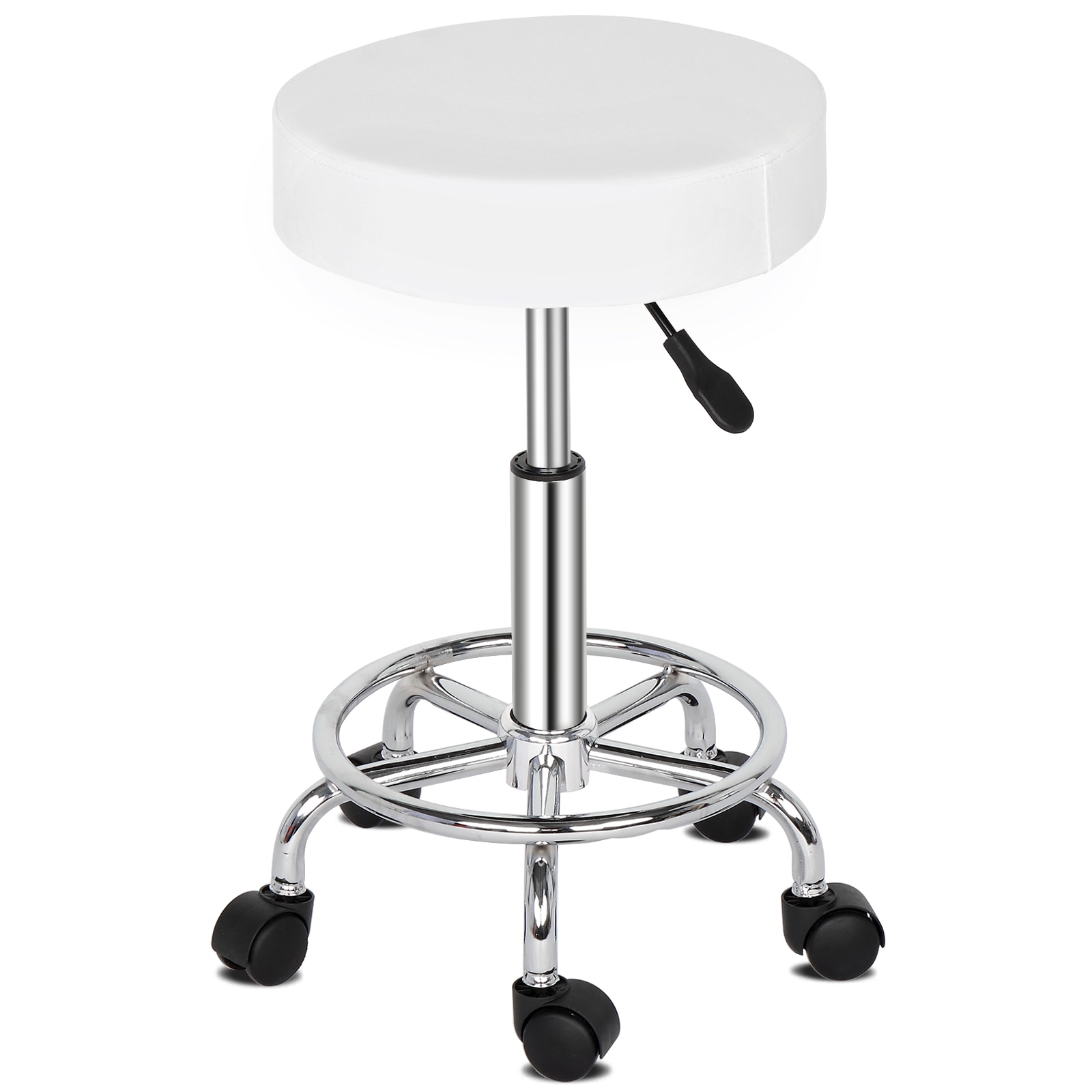 Bestcore Adjustable Height Swivel Bar Stool White PU Leather Round Rolling Stool with 5 Casters 360-Degree Rotation Chrome-Plated Base 19.69 to 25.39-in Seat Height