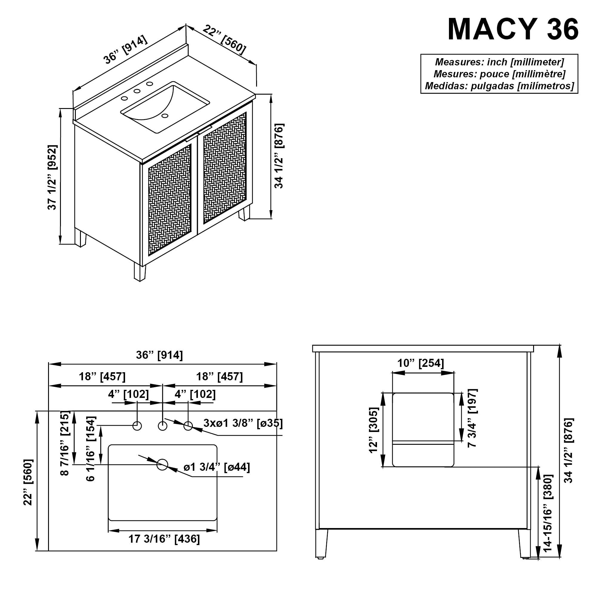 Macy 36" Rustic Ash Bathroom Vanity with White Sink