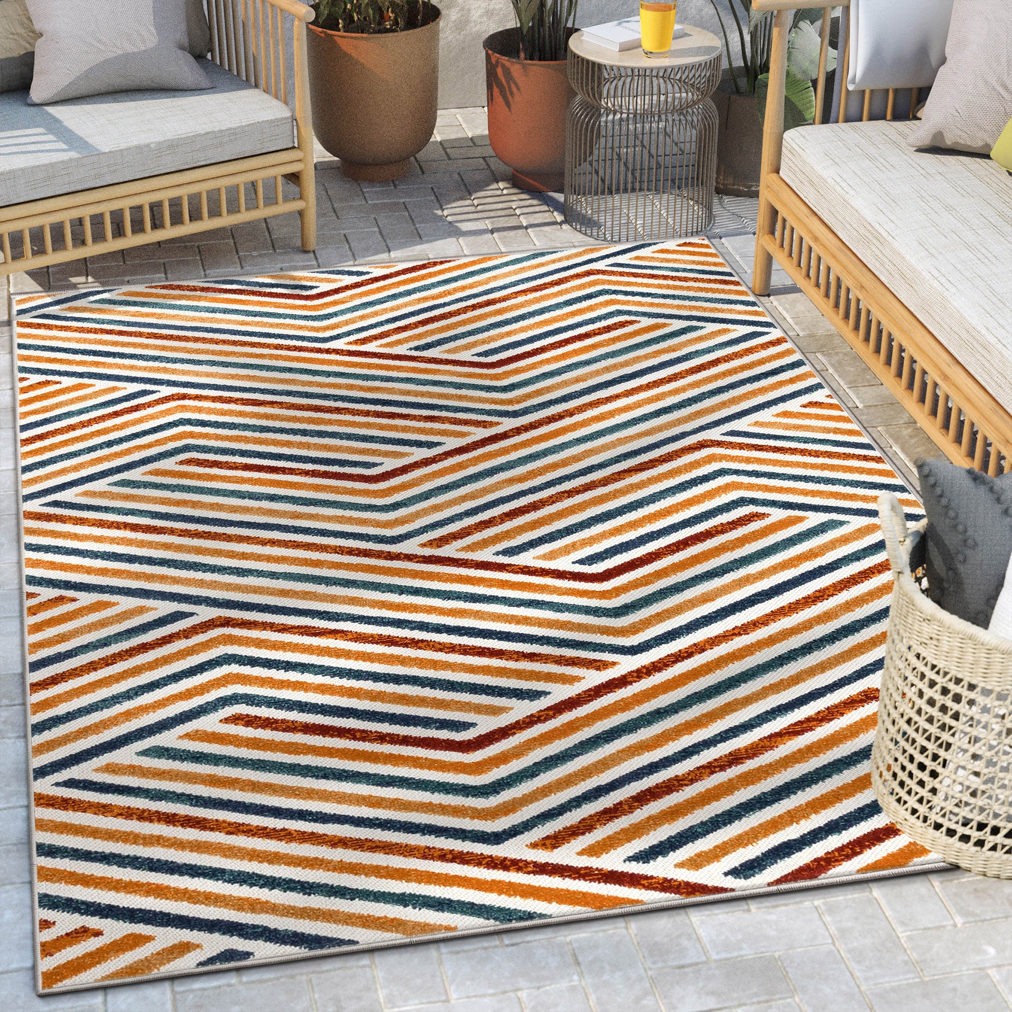 Well Woven DO-440-5 5 x 7 (ft) Loomed Polypropylene Terracotta Rectangular Indoor/Outdoor Stripe Mid-Century Modern Area rug
