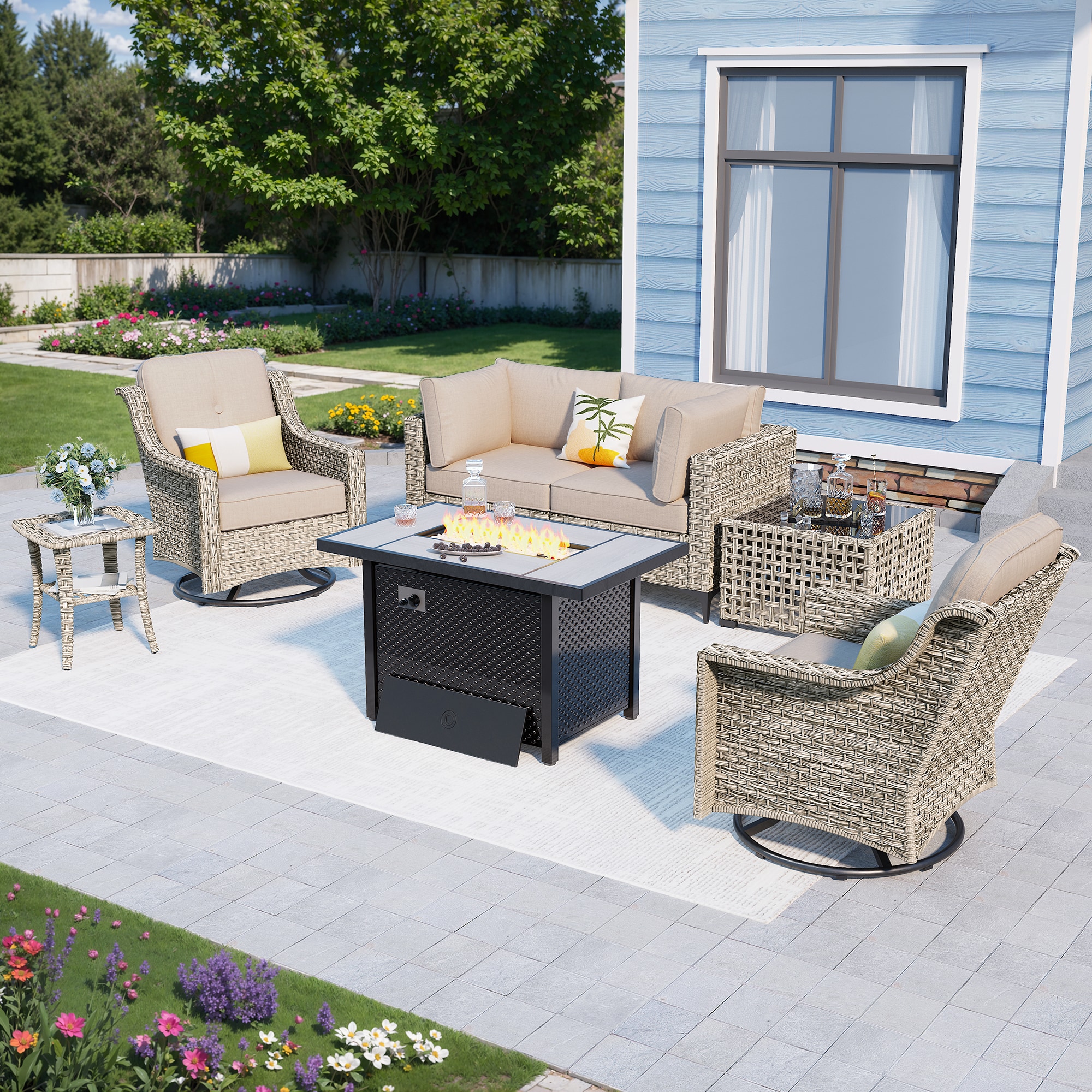 Caodoc L5-CFP03-YZSKT607-1 YZSKT Wicker Outdoor Sectional with Beige Cushions and Rattan Frame