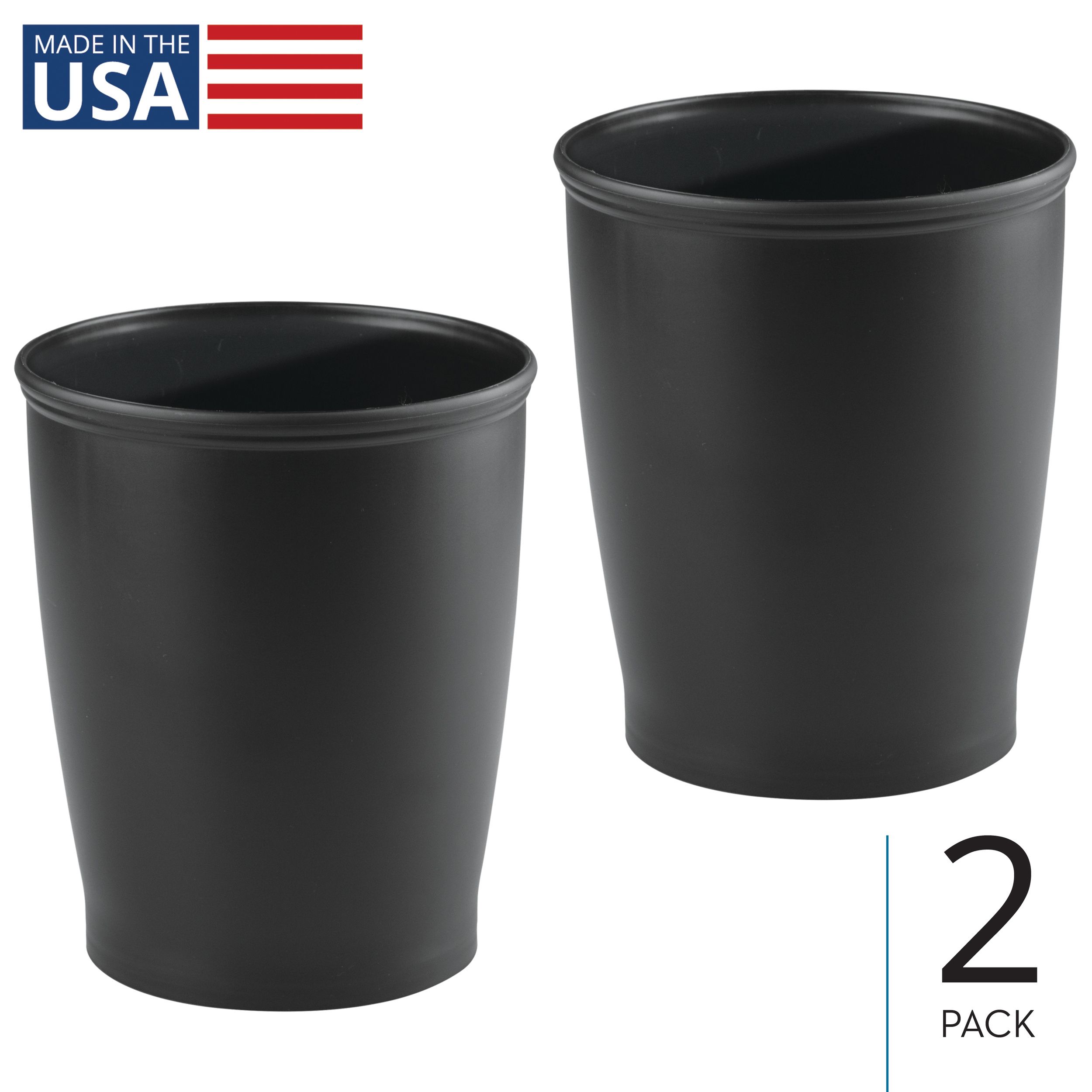 iDesign 27827M2 Round Plastic Bathroom Trash Cans - Set of 2 - Black - Made in USA