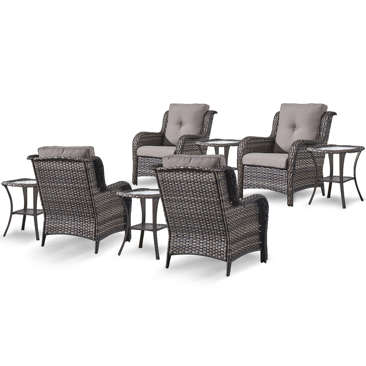 Rilyson FS017X2026X4-2 Curved handrail Set of 4 Wicker Gray Steel Frame Stationary Conversation Chair with Gray Gray Cushioned Seat