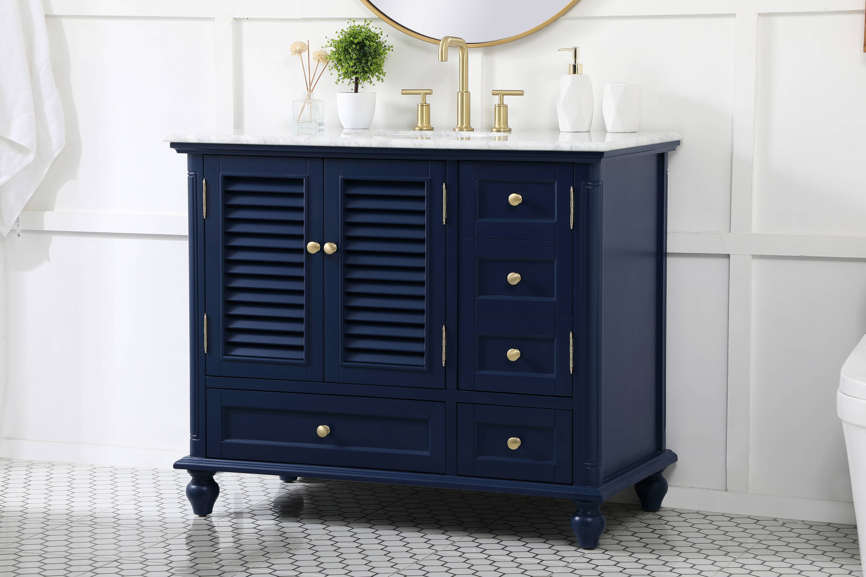 Rhodes 42" Blue Solid Wood Single Bathroom Vanity with Marble Top