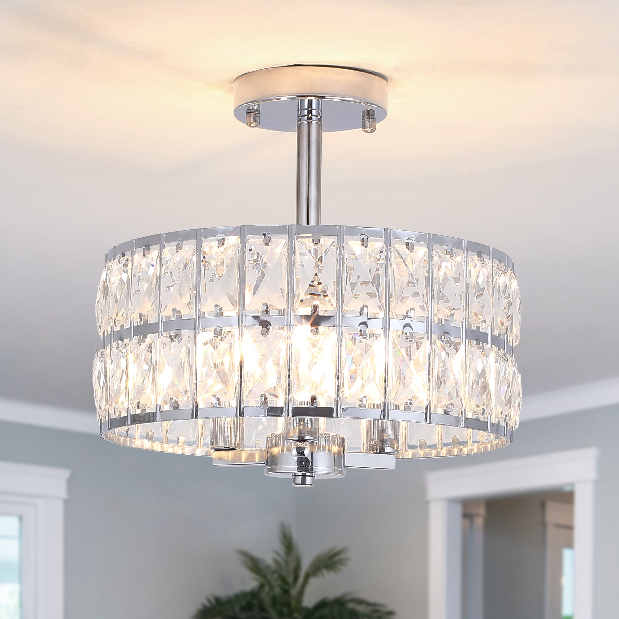 Zjvaive 3 lights 12.59inch Chrome Luxury Semi Flush Mount Light Ceiling Lamp with Crystal Lampshade