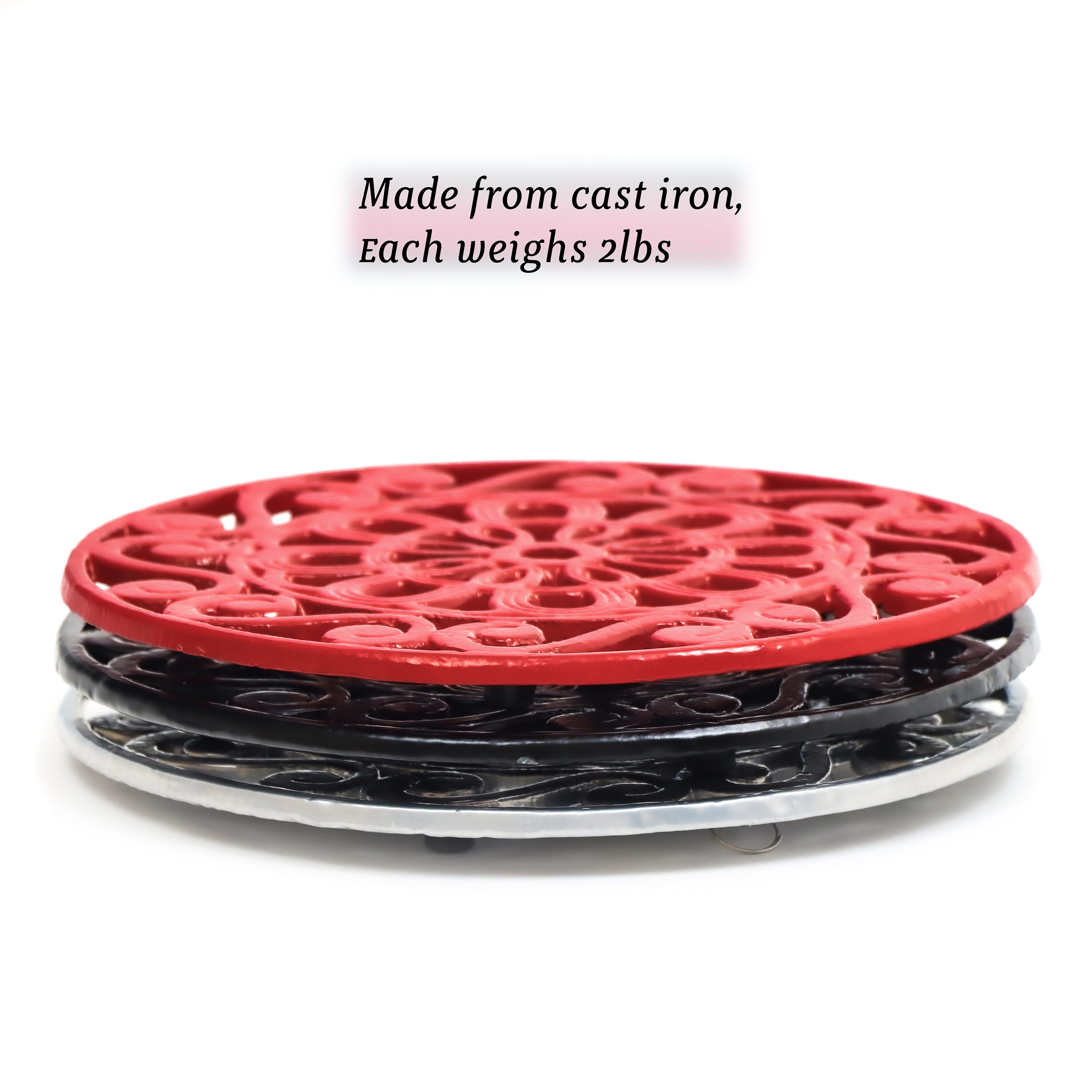 Set of 3 Decorative Black, Red, and Silver Cast Iron Trivets