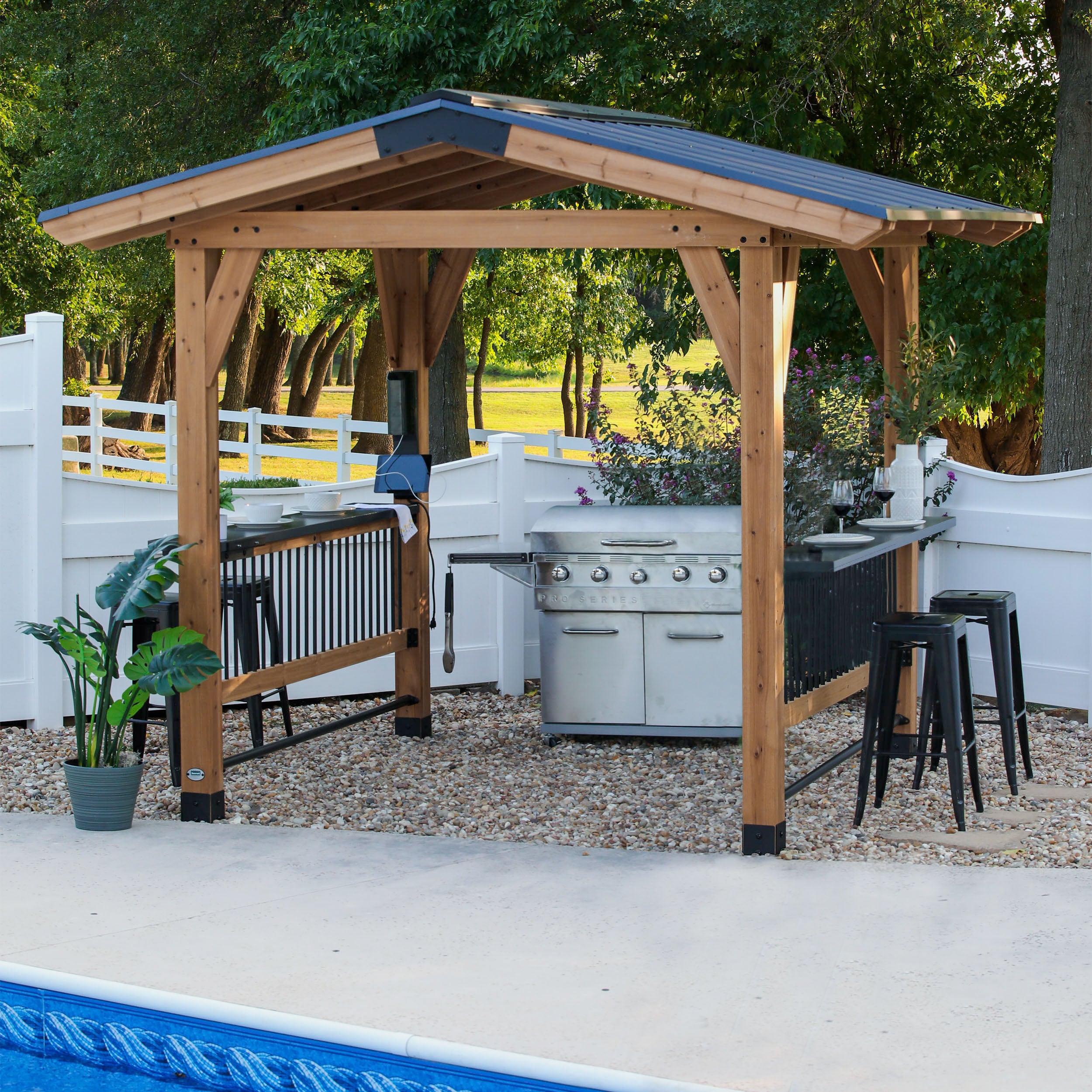 Backyard Discovery 9.1-ft x 10.4-ft Granada Brown Wood Rectangle Grill Gazebo Steel Roof in the Gazebos department at Lowes.com