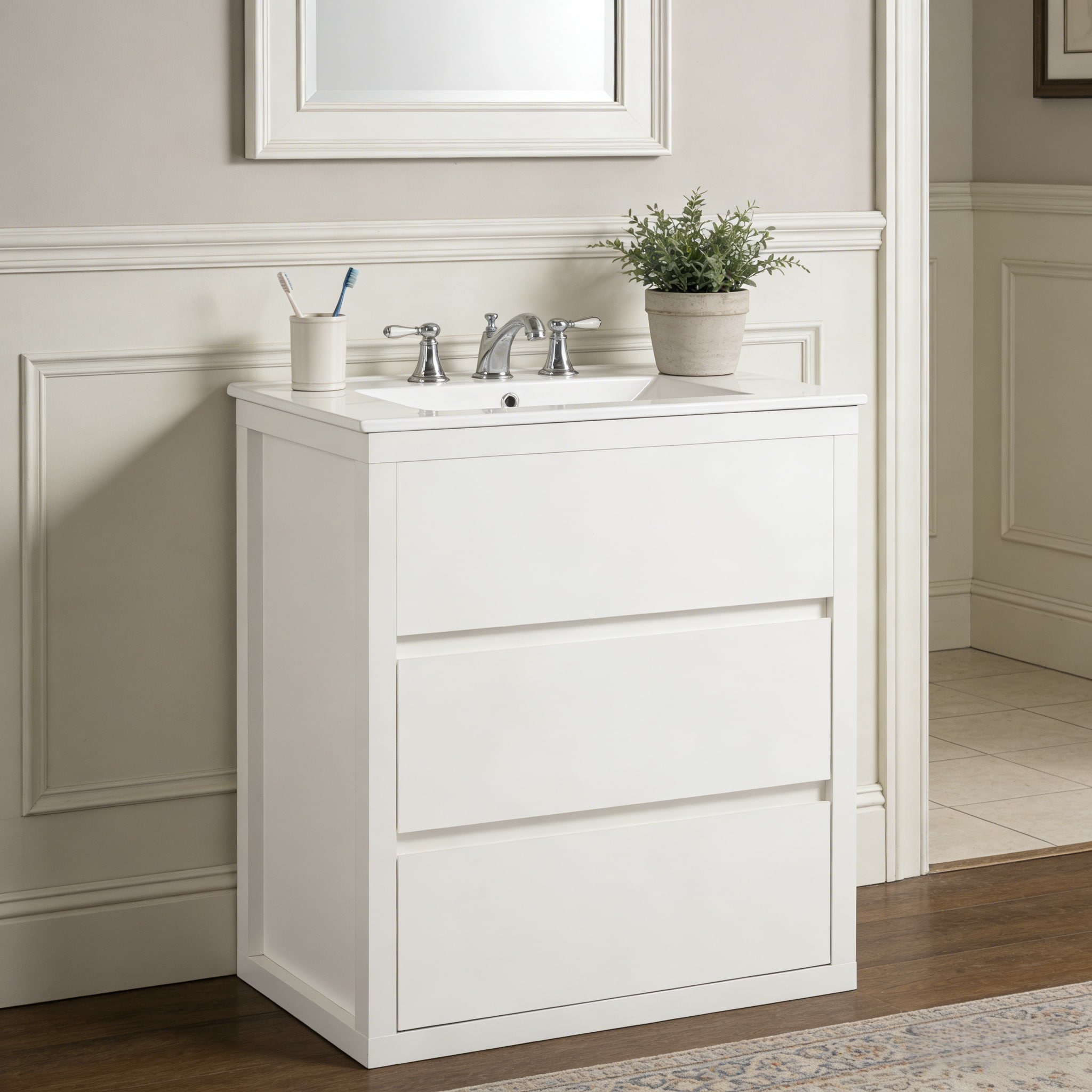 Dimakai - 30-in White Single Sink Bathroom Vanity with Ceramic Sink and 2 Full-Extension Drawers