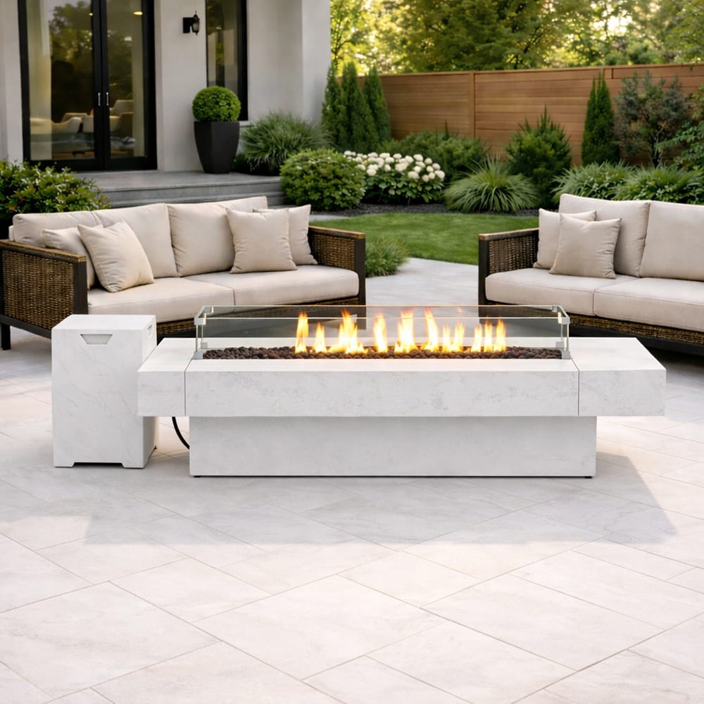 Famapy -  Modern 60000 BTU Propane Gas Fire Pit Table with Glass Wind Guard Steel Lid Lava Rocks ...