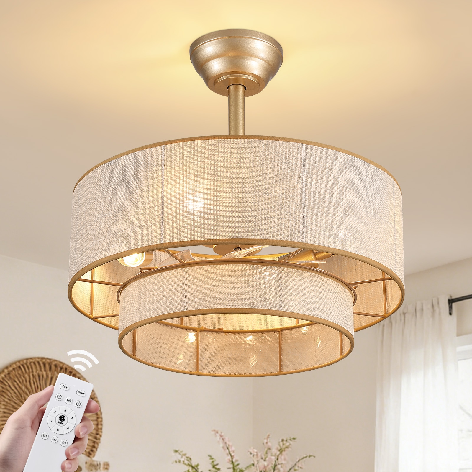 Liwidu  20inch Boho Ceiling Fan Light and Remote Fabric Chandelier Ceiling Fan Light Caged Fandelier with Lights Flush Mount 6 Wind Speeds Enclosed Ceiling Fan for Bedroom Living Room Dining Room
