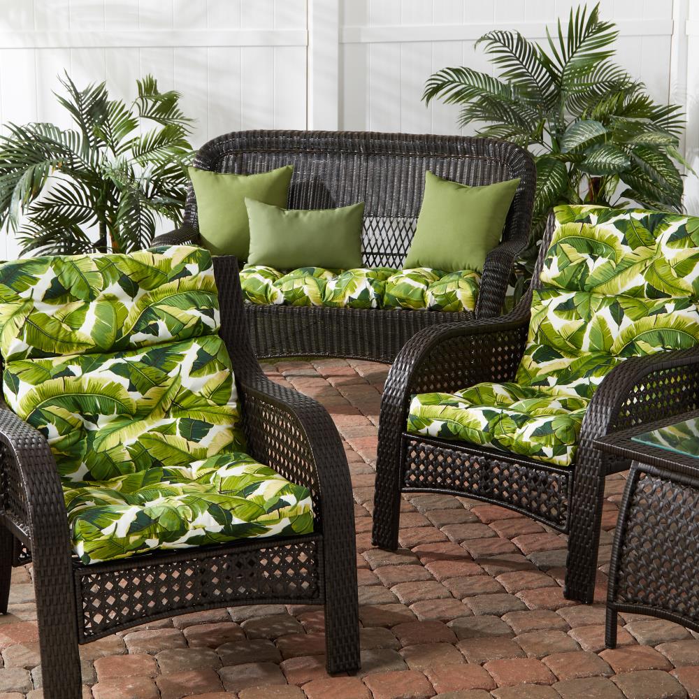 Palm Leaves Green and White High Back Outdoor Chair Cushions Set
