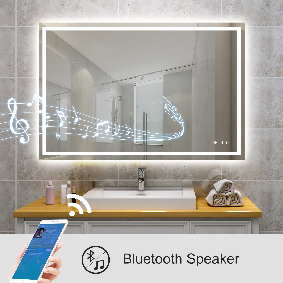 KINWELL Bathroom Mirror 31.5-in W x 23.6-in H LED Lighted White Rectangular Fog Free Frameless Bluetooth Bathroom Vanity Mirror