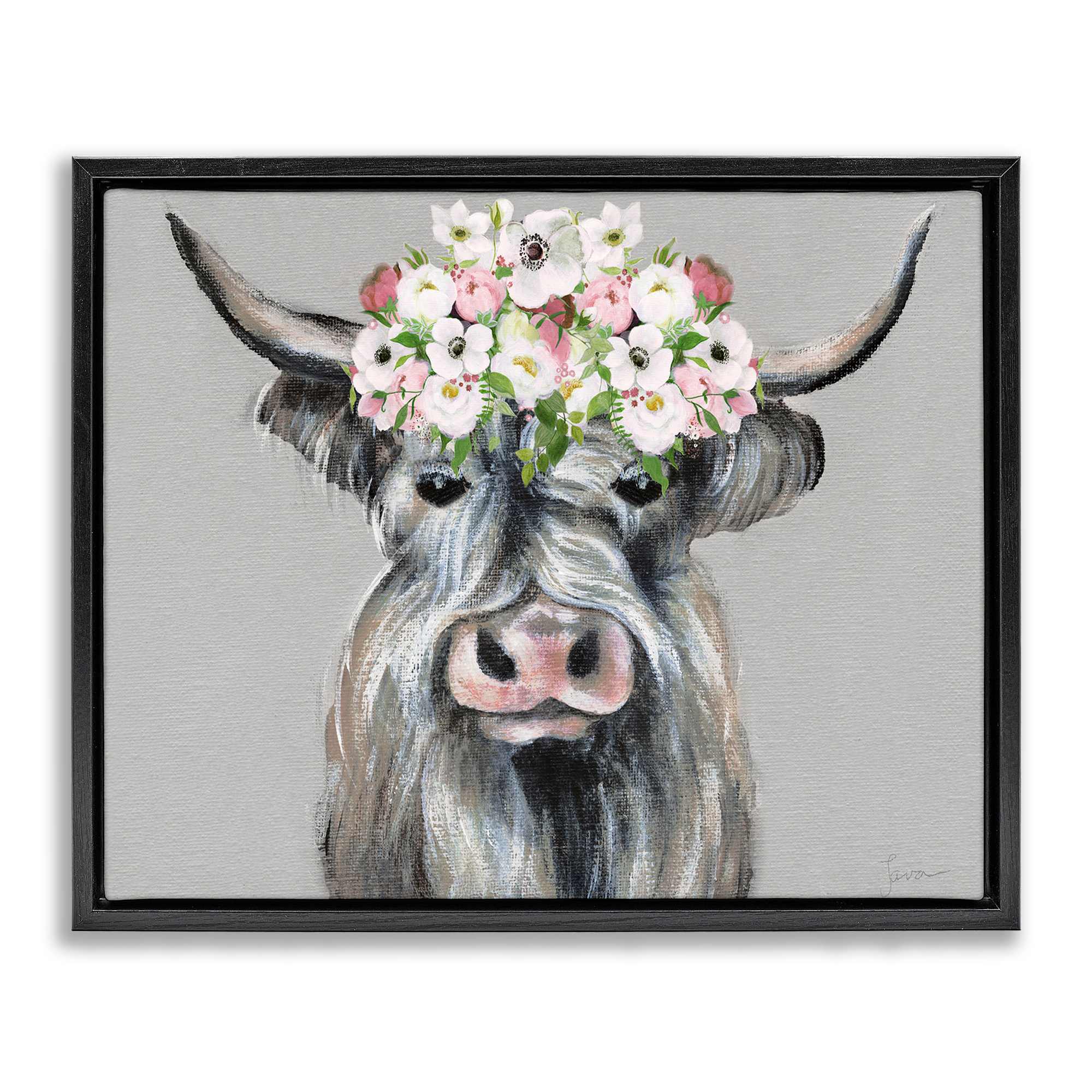 Stupell Industries BS-212-FFB-16X20 Shabby Chic Cattle with Garland Black Framed Floater Canvas Wall Art By Janet Tava 21 x 17