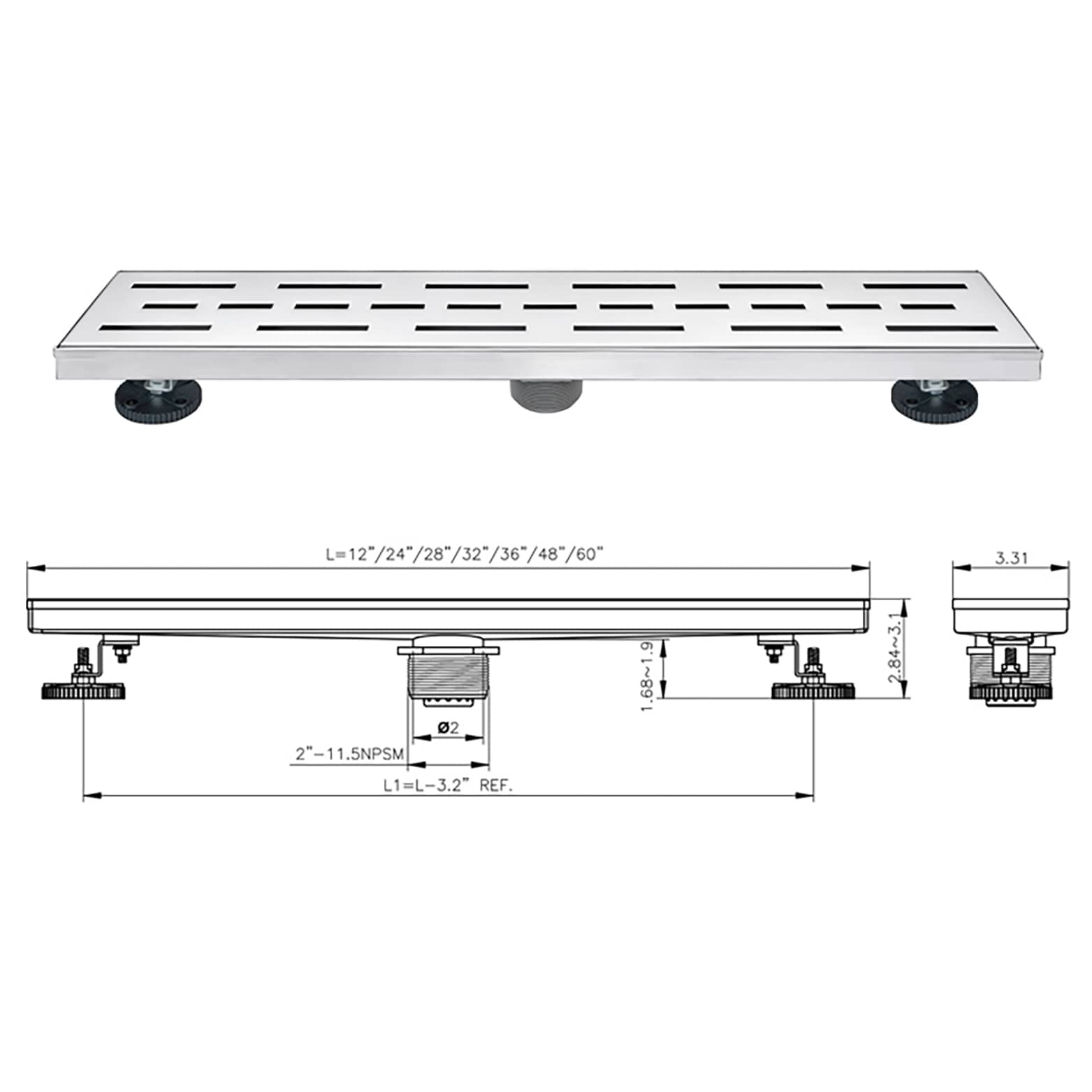 Elegante Drain Collection Square Hole Pattern Cover 3.31-in x 32-in Stainless Steel Linear Shower Drain | KD01A112-32