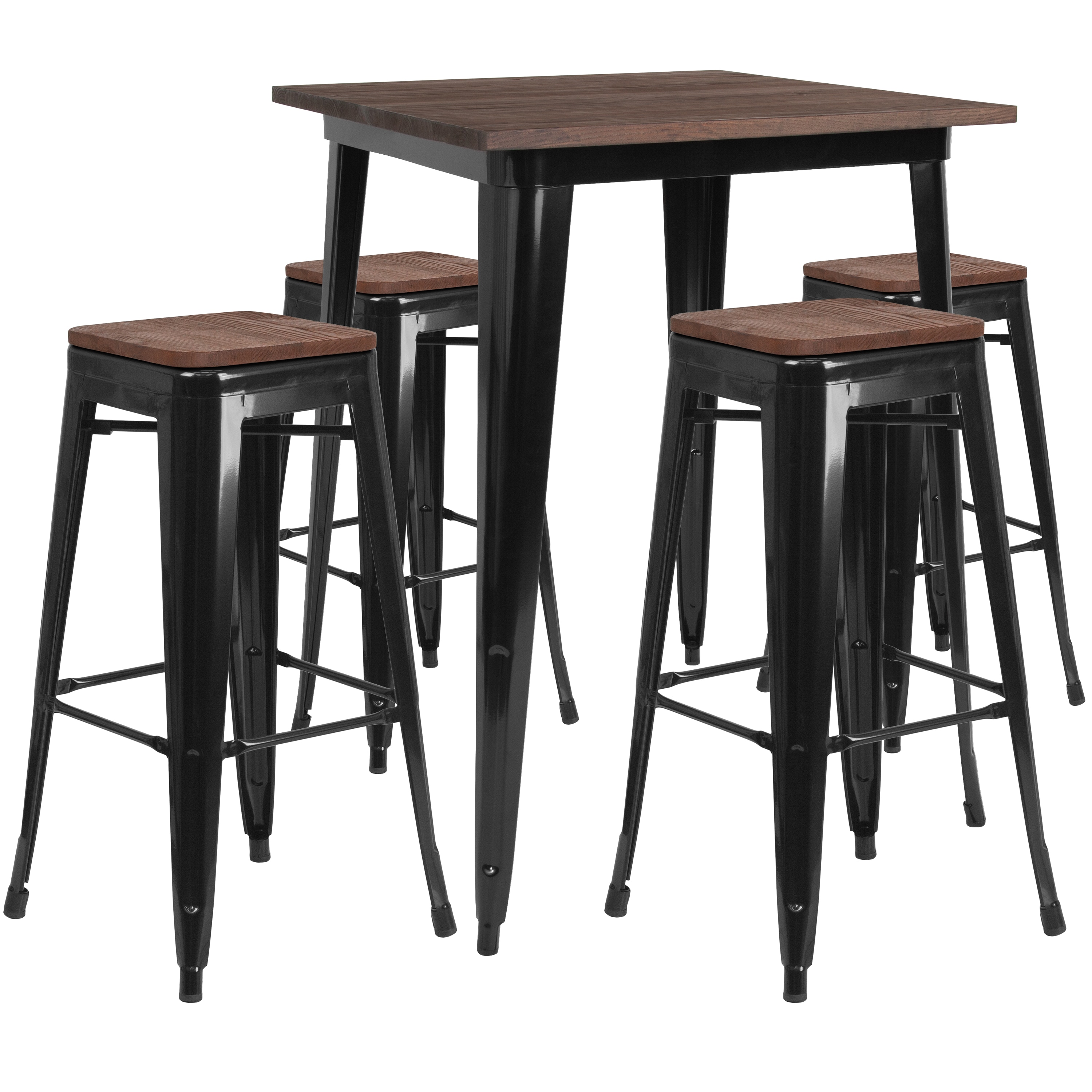 Black Powder-Coated Steel Pub Set with Wood Tops, 5-Piece