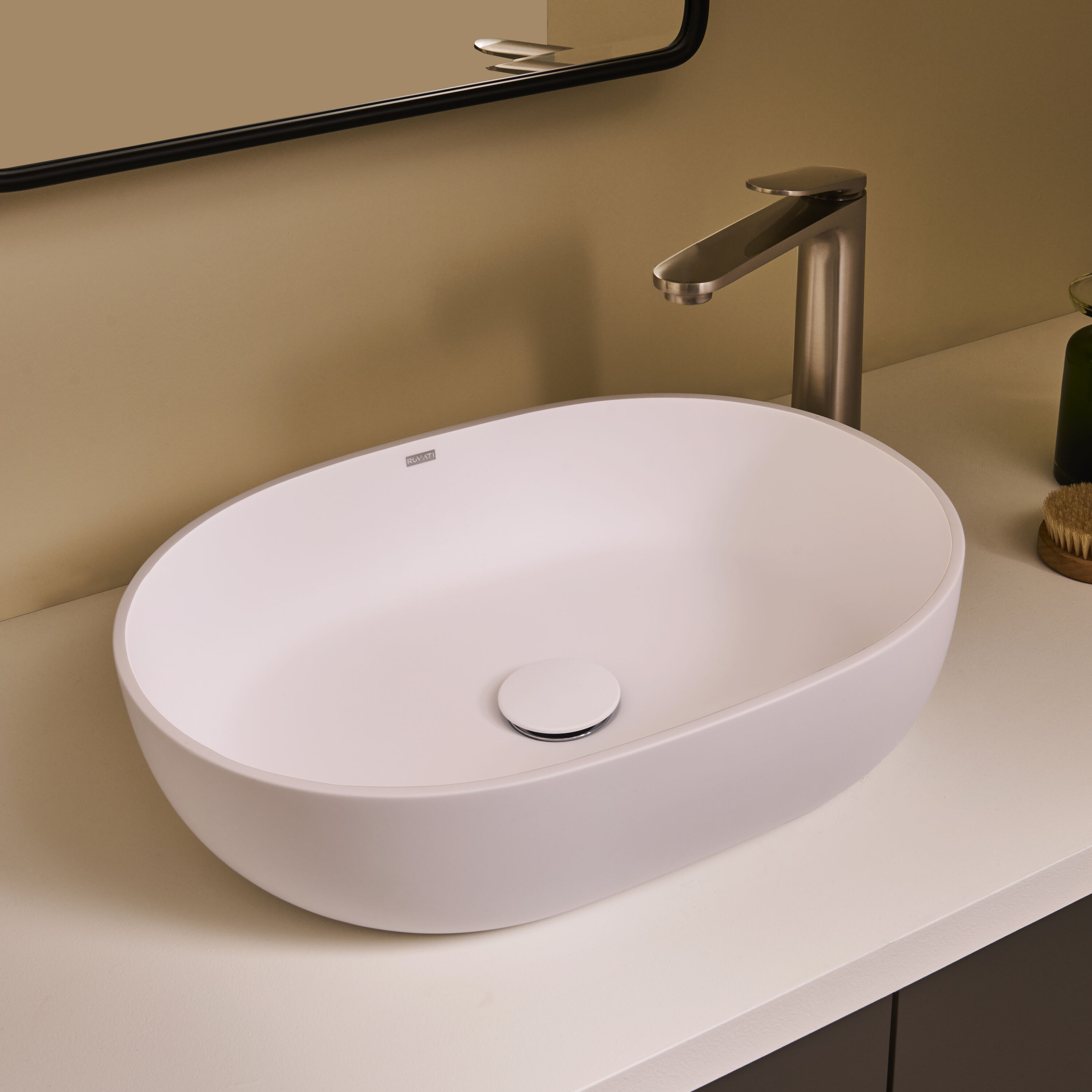 Ruvati RVB2119WH Canali Stone Vessel Oval Modern White Bathroom Sink with Drain Included ( 19-in x 15-in )