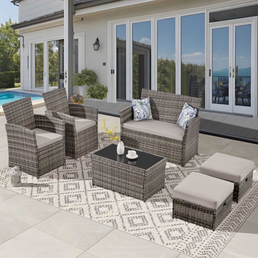 EarlGrove LS-ZJ004GYWT 6 -Piece Wicker Patio Conversation Set with Gray Cushions