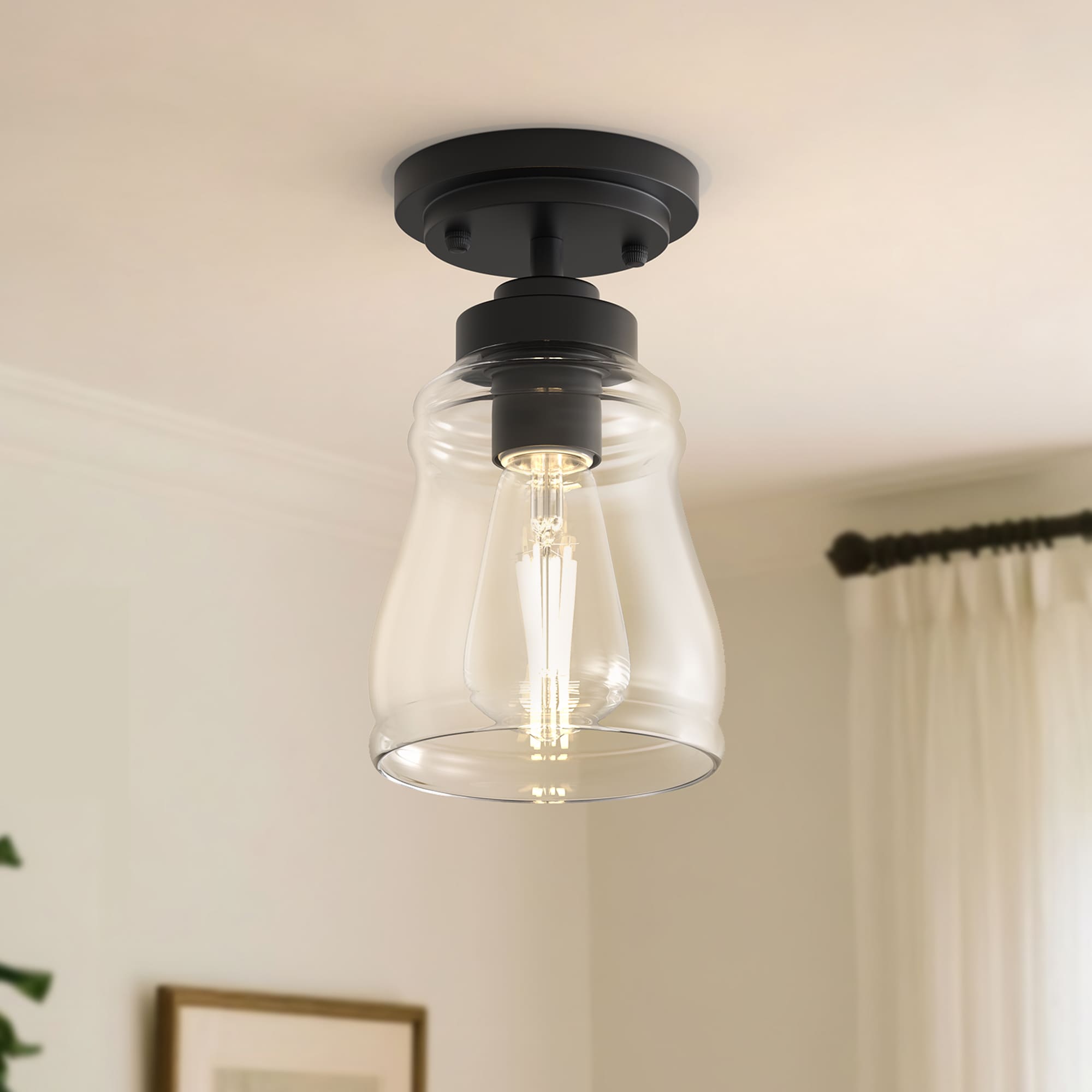 YANSUN 5.1-in Black Indoor 1 -Light Semi-flush Mount Light with Clear Glass with (