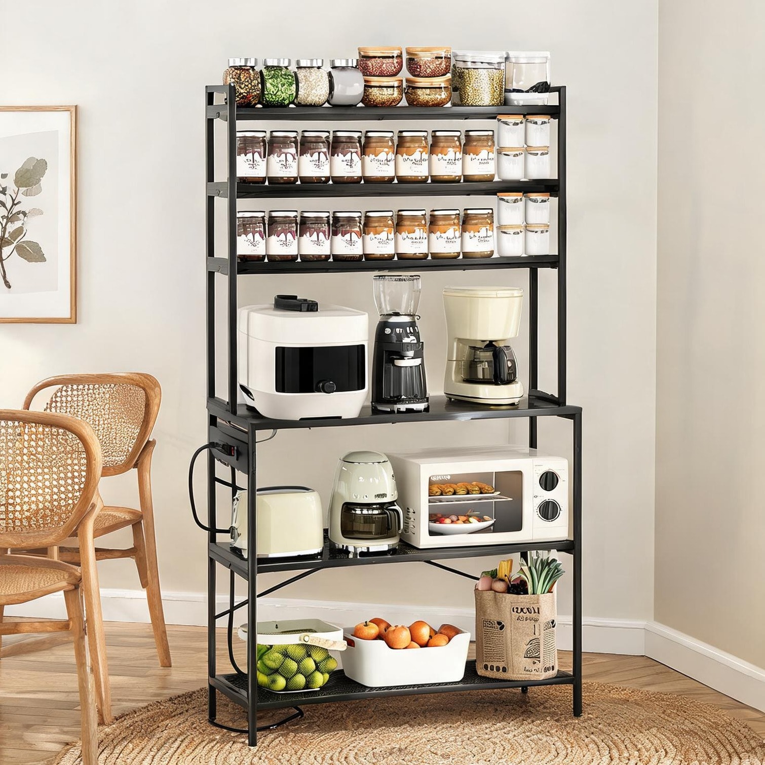 FlowLuxe Classic Black Engineered Wood Baker s Rack with Outlets 5-Tier Microwave Stand Coffee Bar Organizer