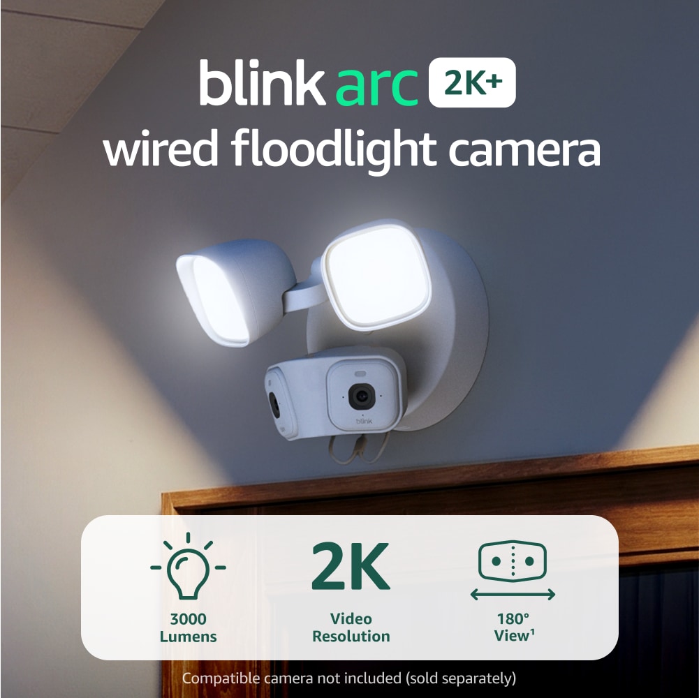 Blink Blink Arc 2K+ Wired Floodlight Camera - Wired smart security, 3000 lumens, 2K video, 180 degree view, motion-triggered - 2 cameras (White), 1 mount (White)