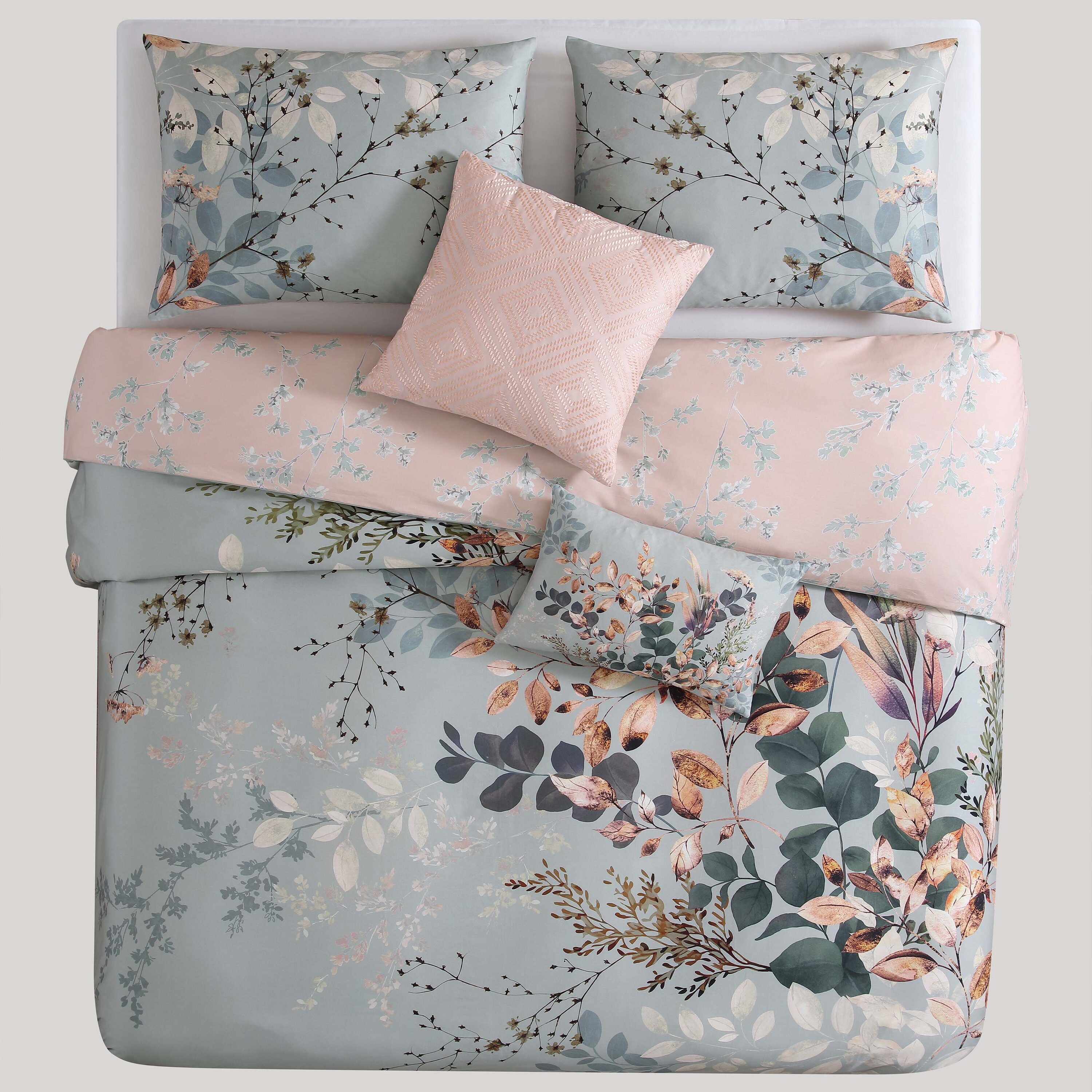 BEBEJAN Peach Leaves On Sage 5 Piece Comforter Set Green Floral ...