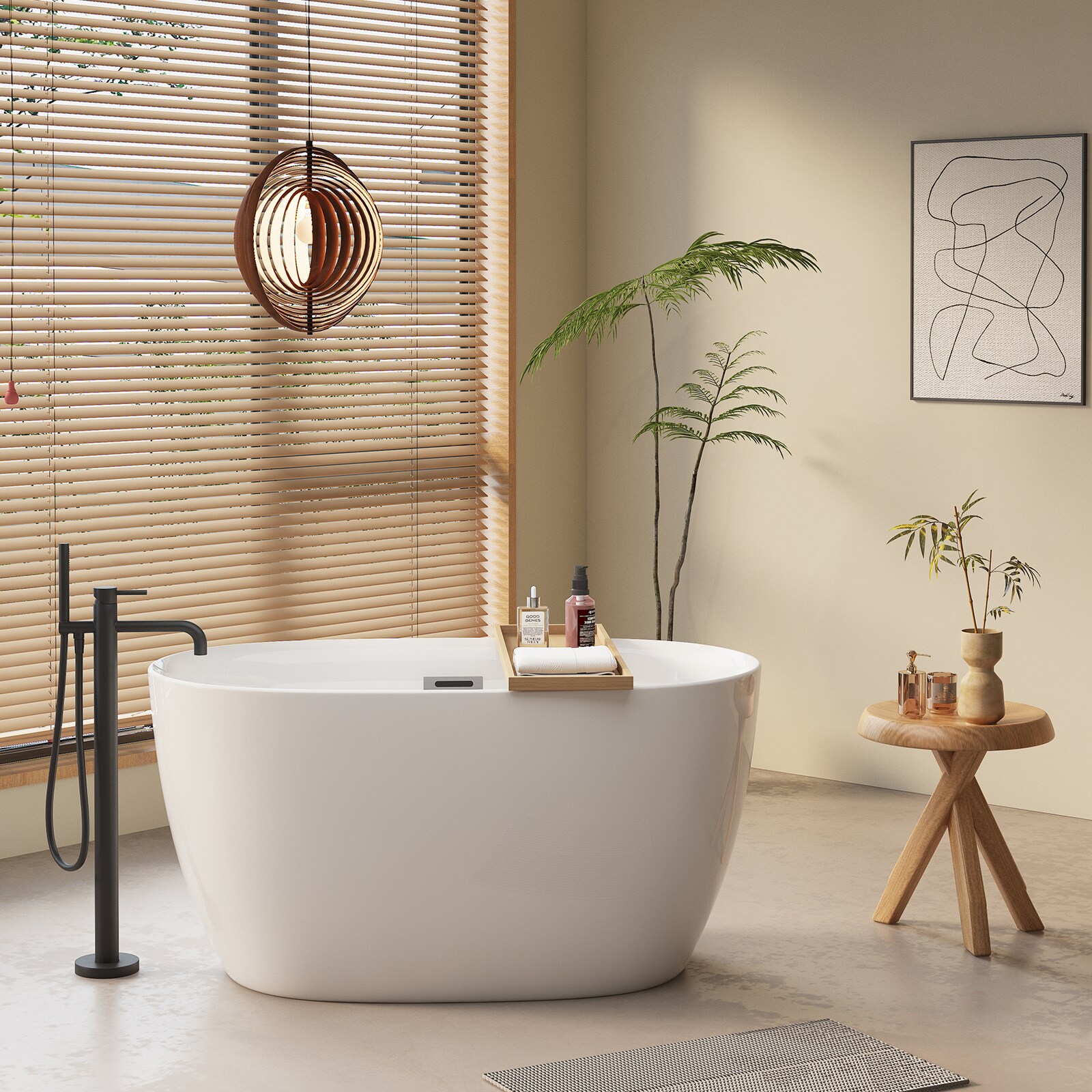 WELLFOR GTLSTWH01 47-in x 27.6-in Glossy White Acrylic Oval Freestanding Soaking Bathtub ( Center Drain )