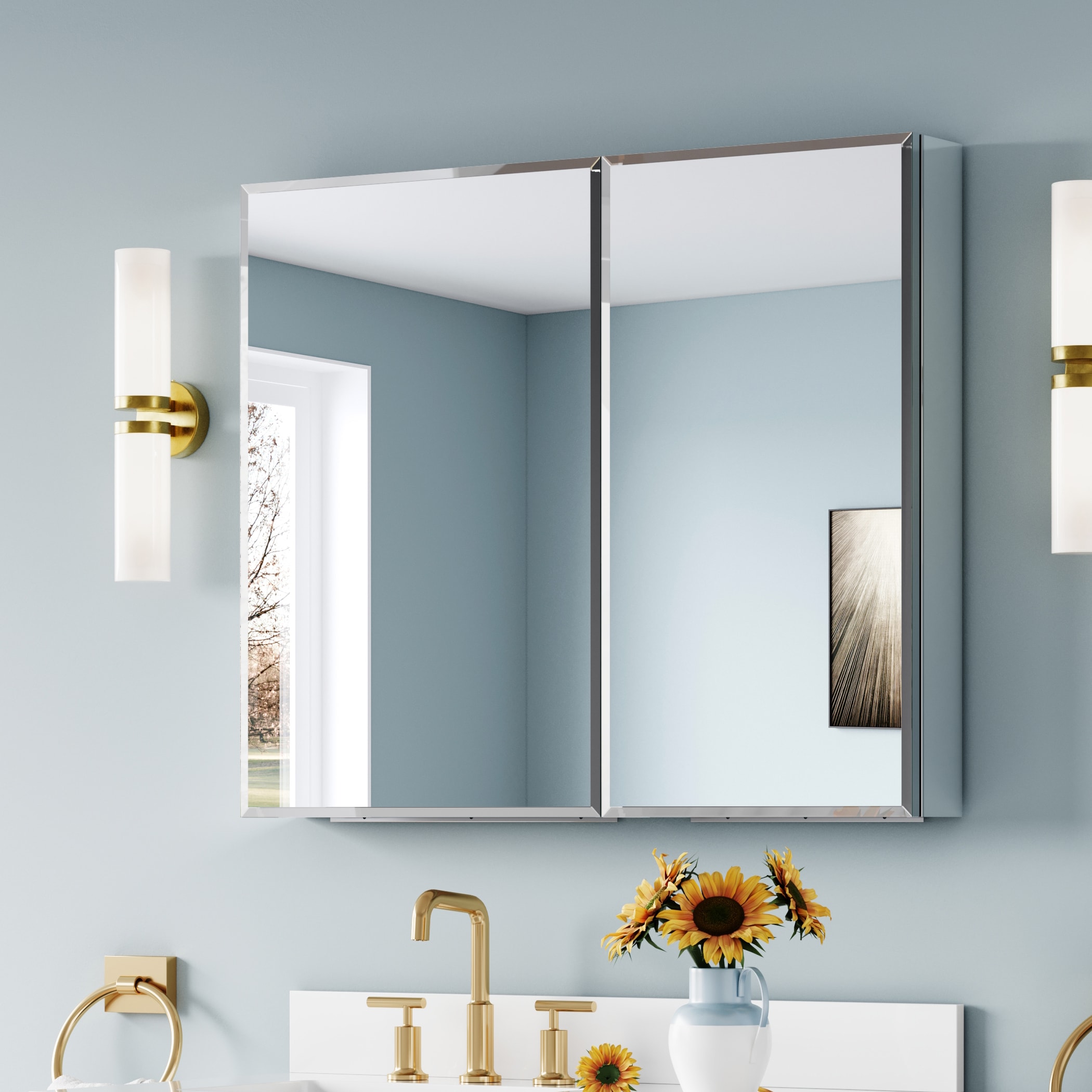 CALVON Beveled 36-in x 30-in Surface/Recessed Mount Chrome Aluminum Mirrored Rectangle Soft Close Medicine Cabinet