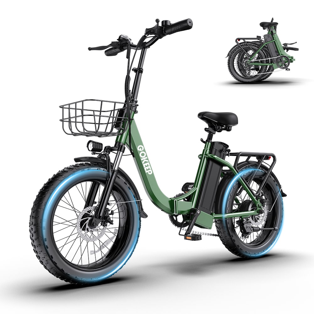WOQWOQ 20 Inch Fat Tire Folding E Bike 750W Motor 52V Battery Shimano 7 Speed Disc Brake Front Suspension Basket Green