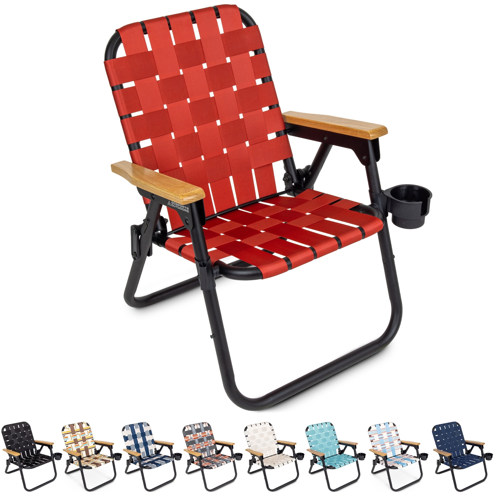 Burnt Red Woven Folding Beach and Camping Chair with Cup Holder