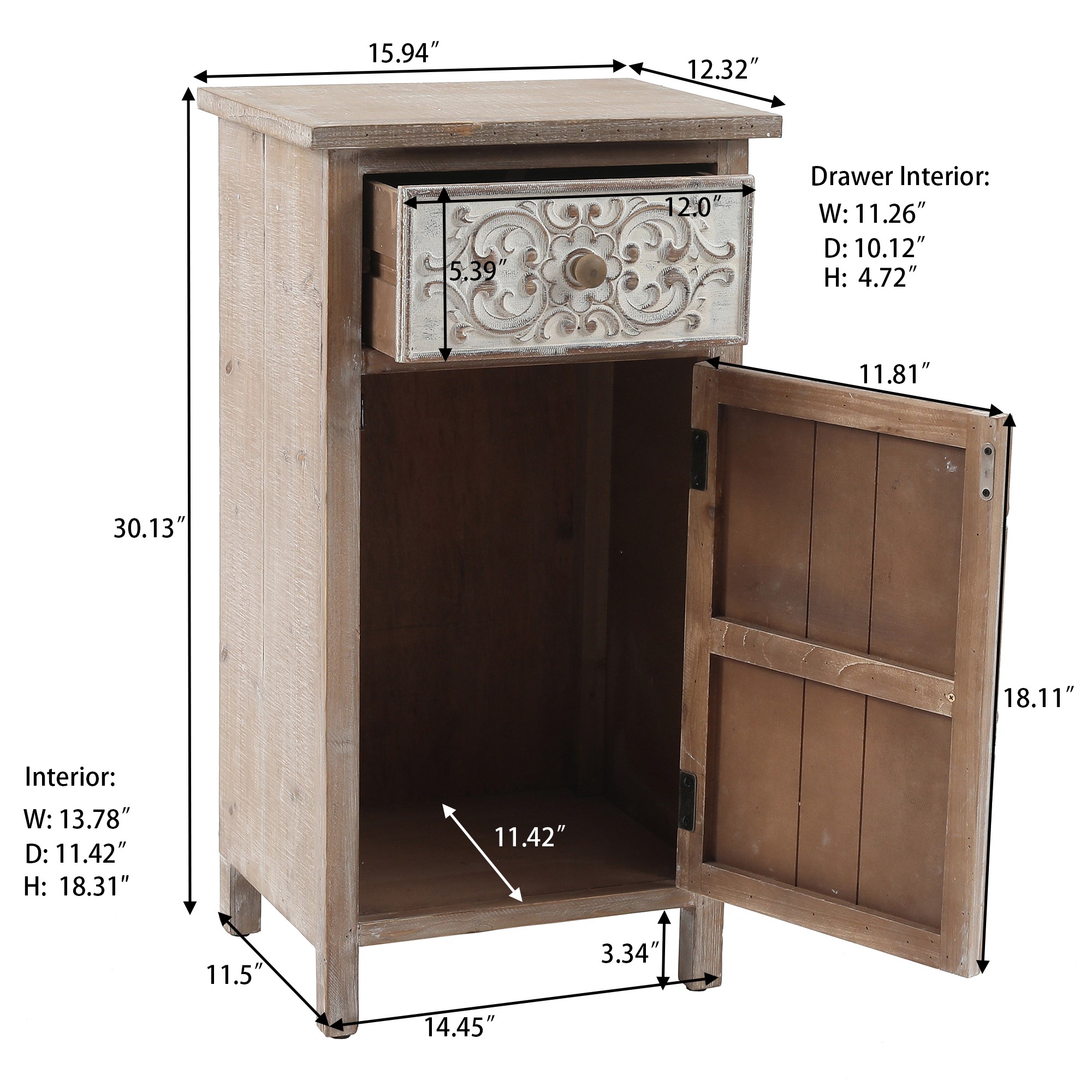 Rustic Floral Carved Wood and Metal End Table with Storage