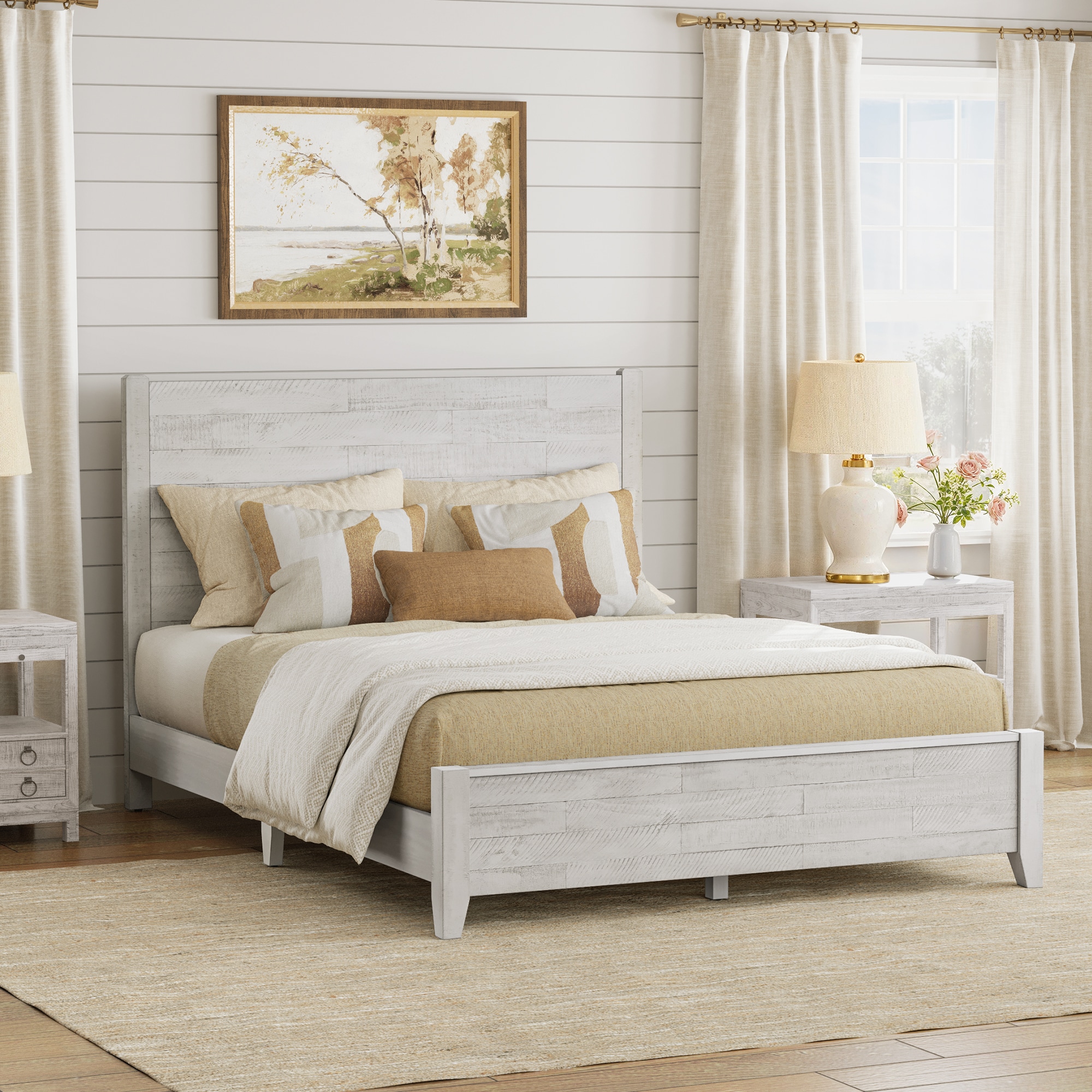 LUE BONA CR-005-03LS Rustic White Queen Wood Platform Bed