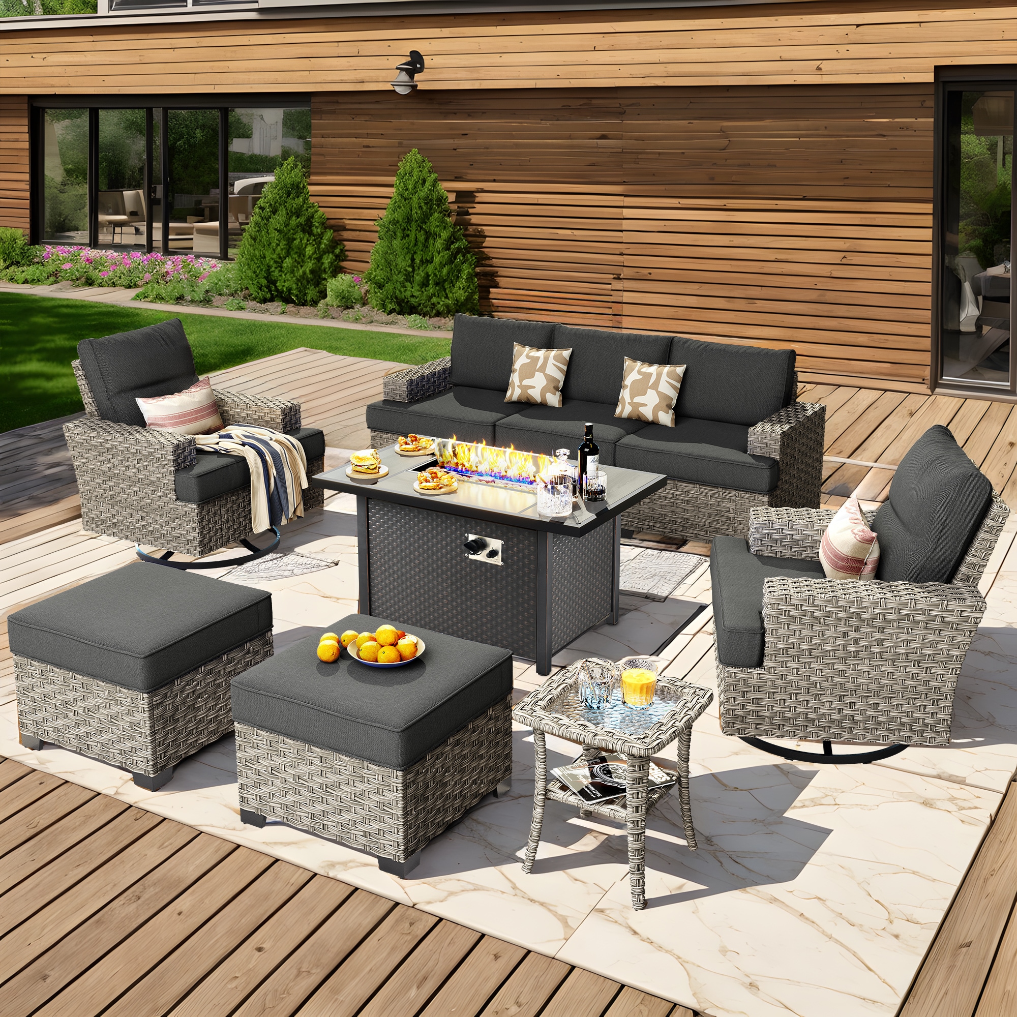 Caodoc L5-CFP03-YZTBS109-1 CFP03-YZTBS Rattan Outdoor Sectional with Black Cushions and Wicker Frame