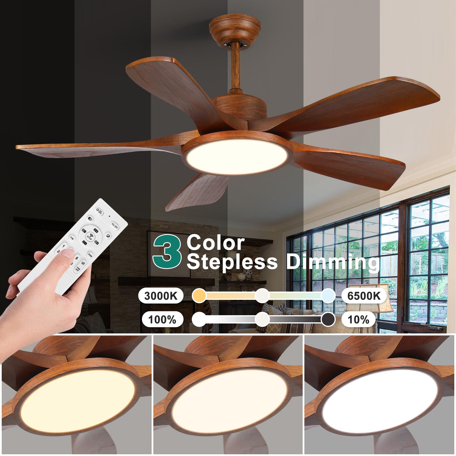 LAIFUCAM Wood Ceiling Fan with Lights and Remote Control 5 Solid Wooden ...