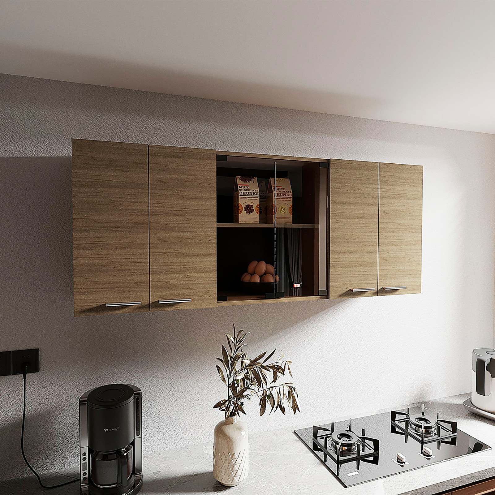 CHITA Modern Glass Wall Storage Cabinet with 2 Doors 4 Shelves Natural Oak Finish Glass Doors for Home Storage and Organization Oak