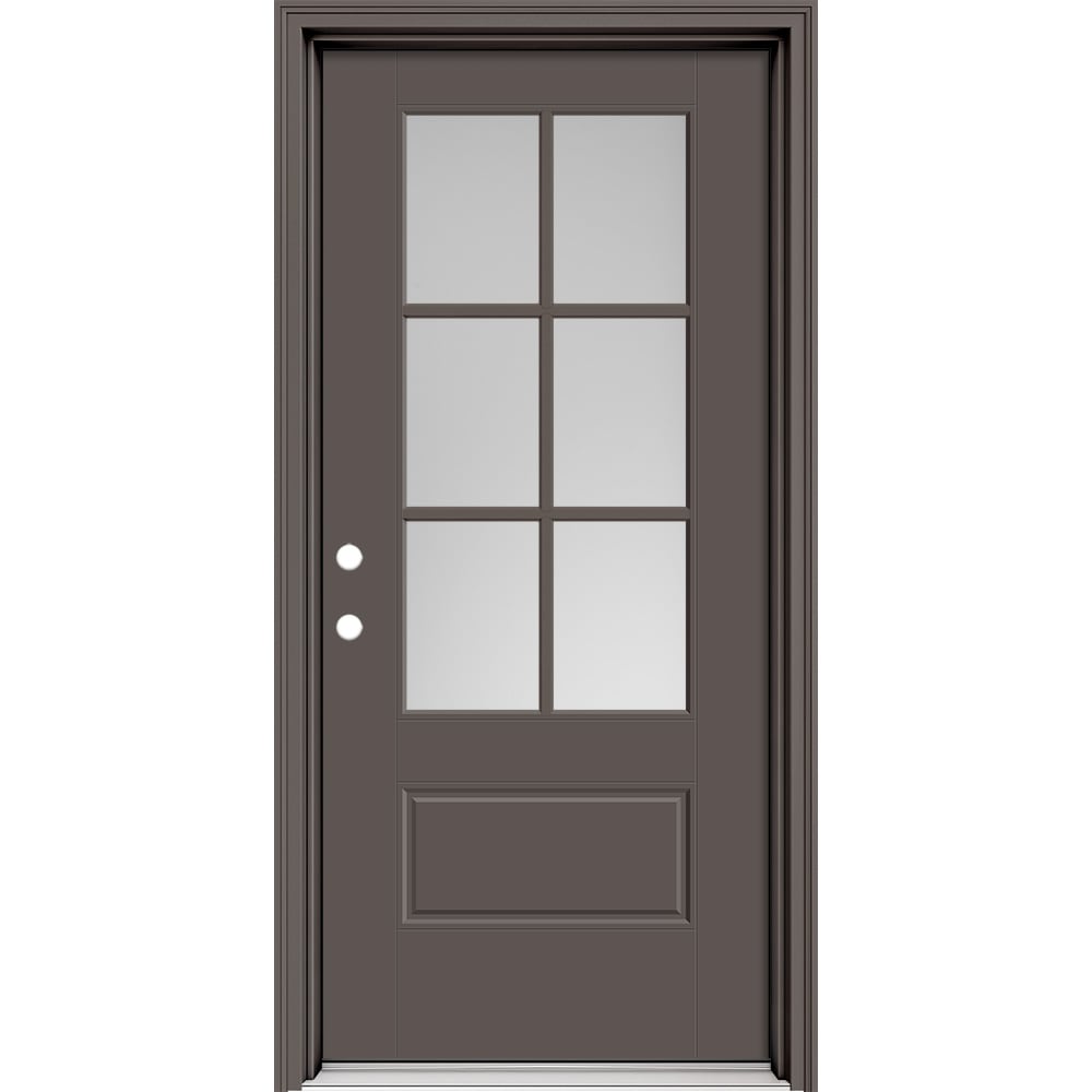 Masonite 630469 Performance Door System 36-in x 80-in x 4-9/16-in Fiberglass 3/4 lite Left-hand inswing Timber Gray Painted Prehung Front Door with Brickmould Insulating core with Grilles