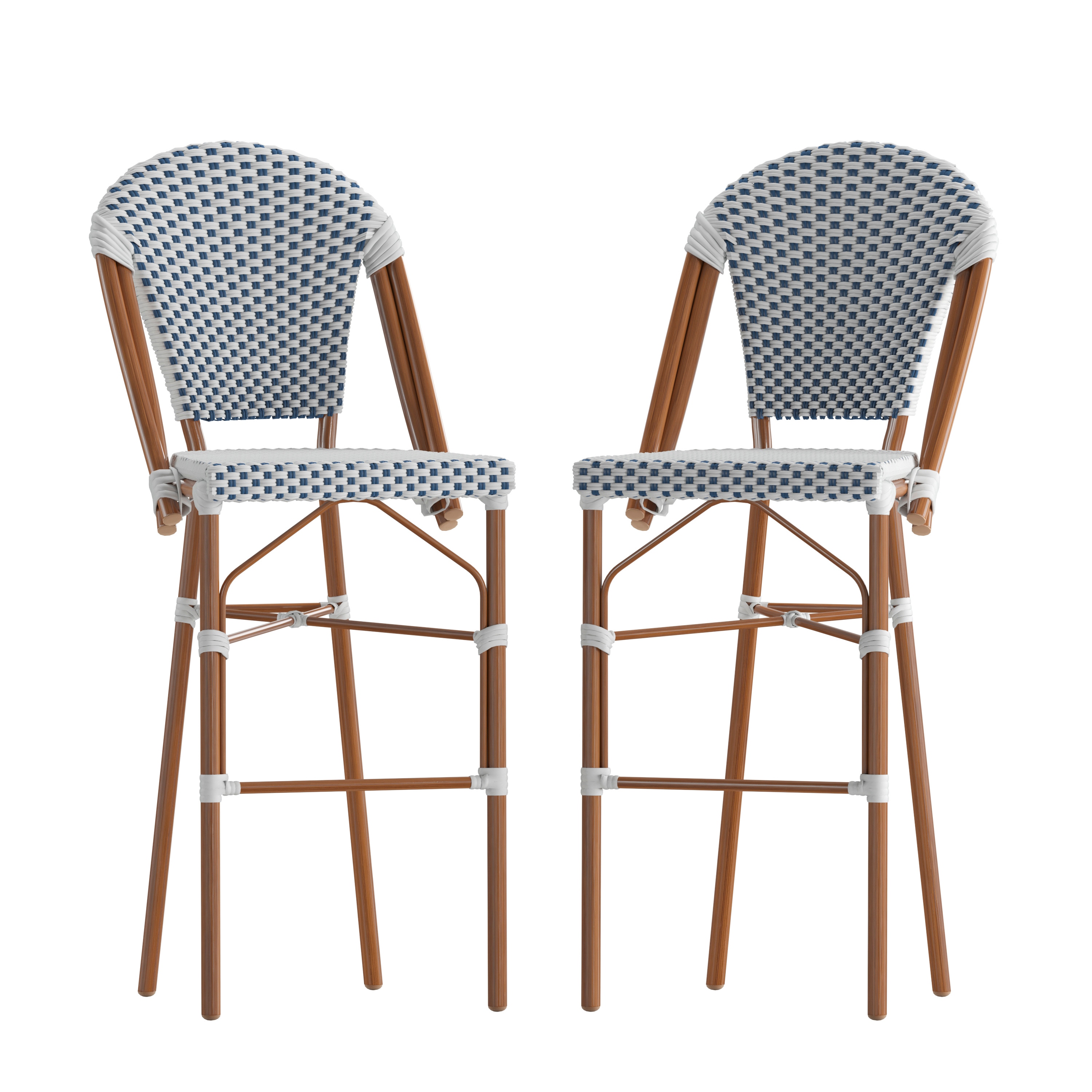 Flash Furniture 196861094620 Lourdes Set of 2 Stackable Indoor/Outdoor Bistro 30-in High Barstools; Commercial Grade; White/Navy and Bamboo Finish