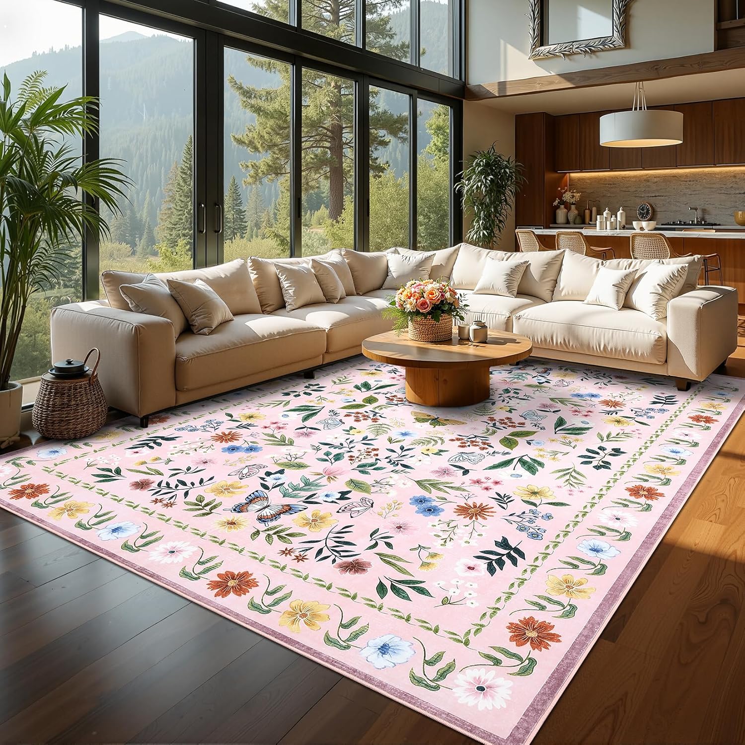 0 Washable Floral Rugs 8x10 Large Vintage Living Room Carpet Boho Non Slip Soft Low Pile Thin Bedroom Floor Mat Indoor for Dining Room Playroom Nursery Farmhouse Pink