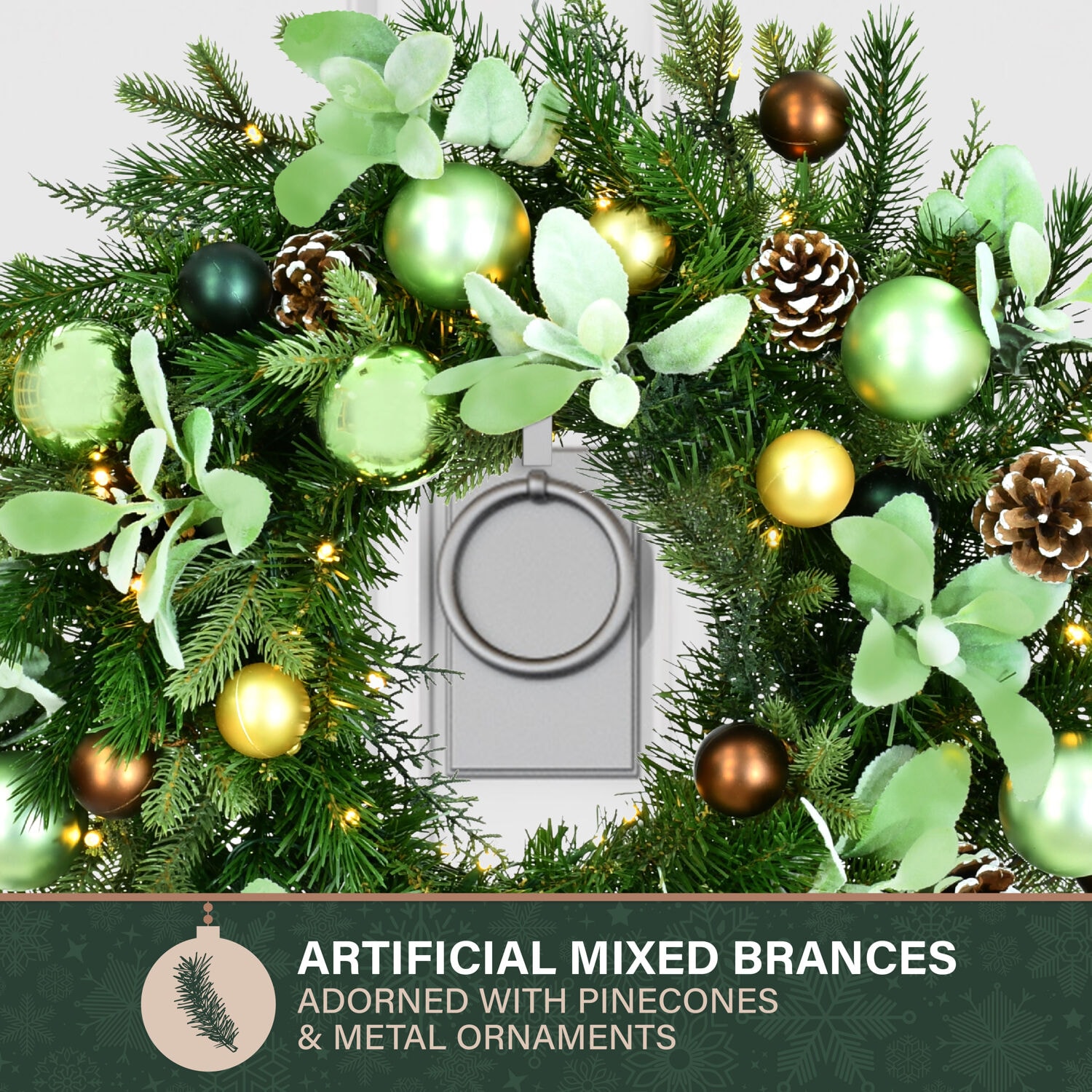 24-Inch Green and Brown Artificial Christmas Wreath with Pinecones and LED Lights