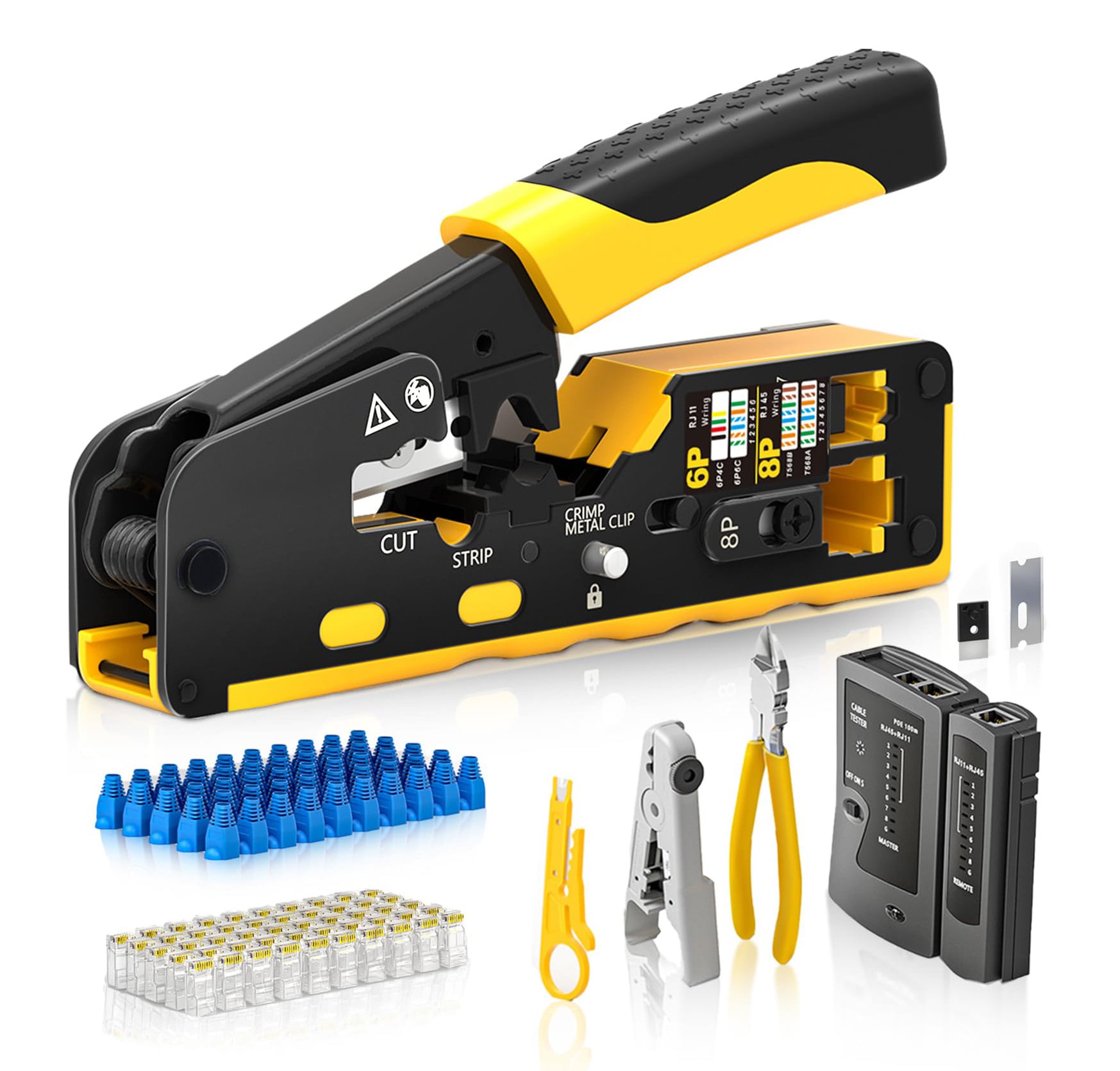 Etokfoks Cat7 RJ45 pass through Ethernet crimping tool kit with cable tester wire cutter strippers blades 50 piece Cat6 connectors and boots #LETBF7INN